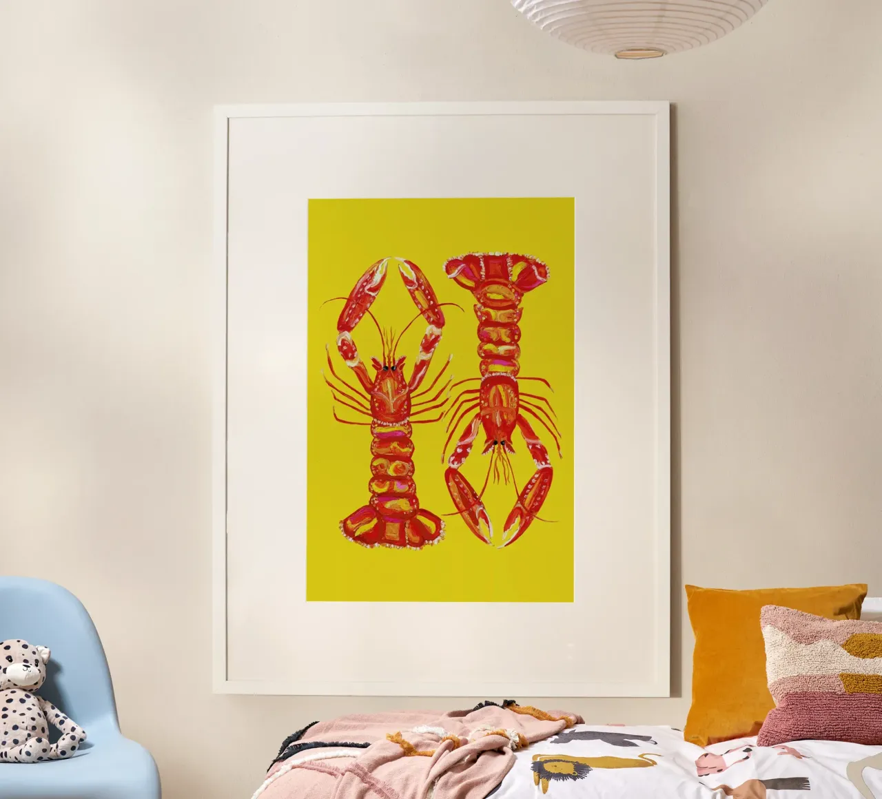Langoustines On Yellow poster con telaio in plastica da Alice Straker