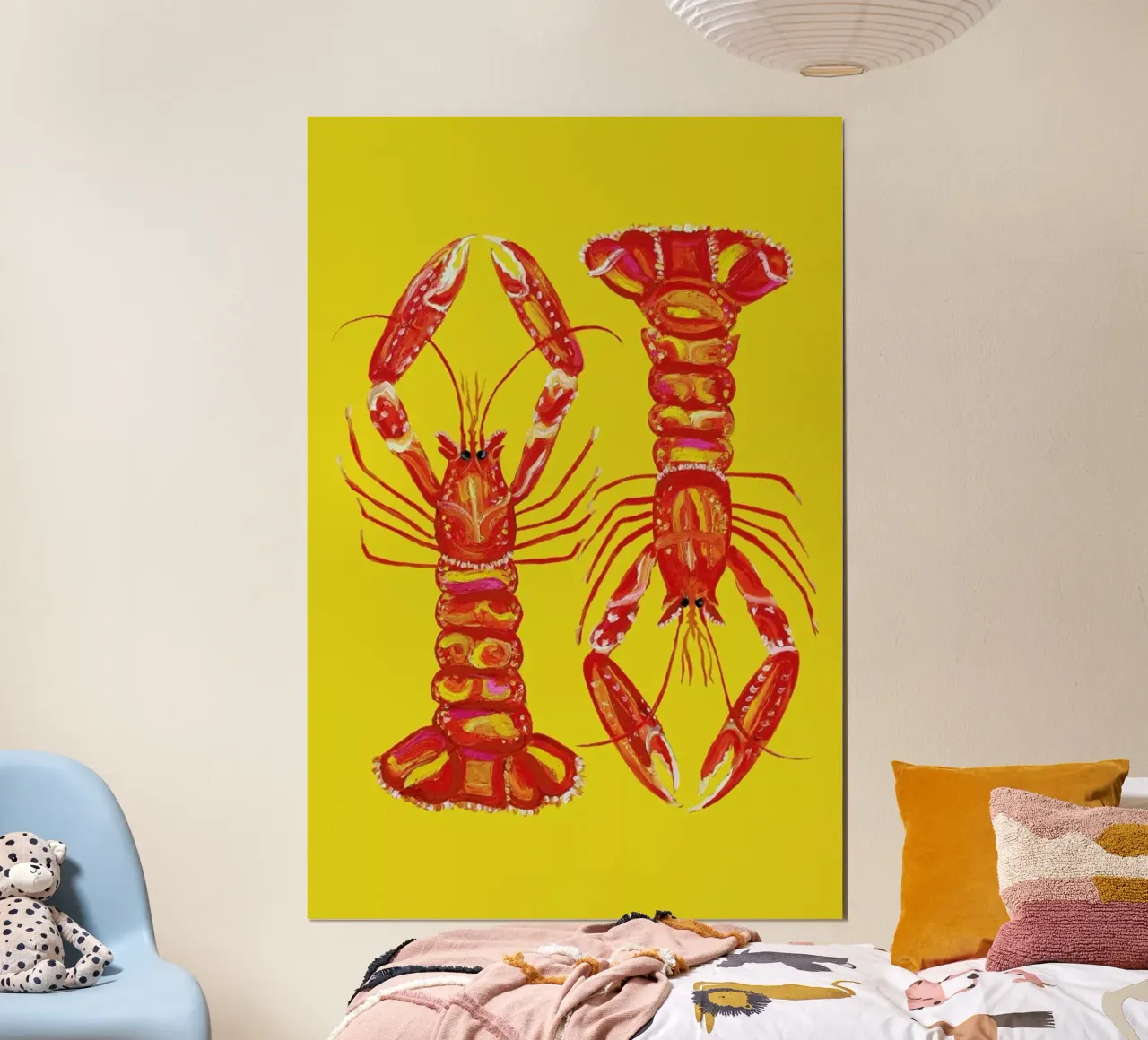 Langoustines On Yellow poster con telaio in plastica da Alice Straker