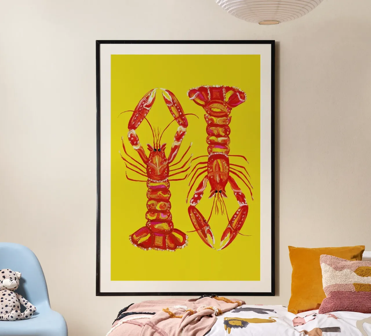 Langoustines On Yellow poster con telaio in plastica da Alice Straker