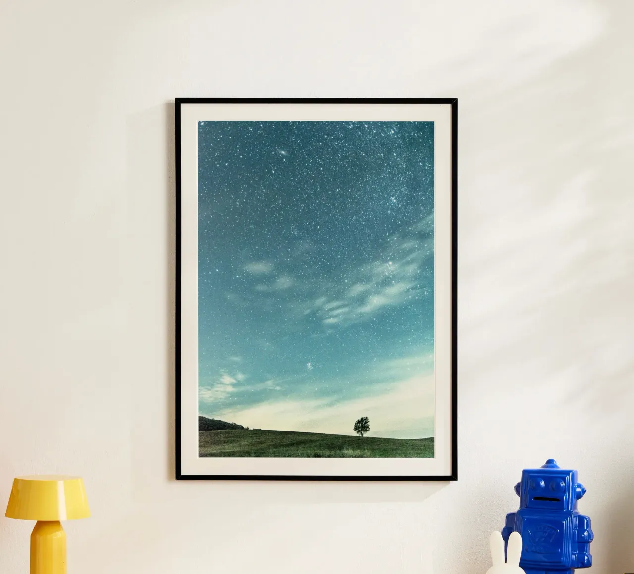 cielo stellato e calmo poster con telaio in legno da space words