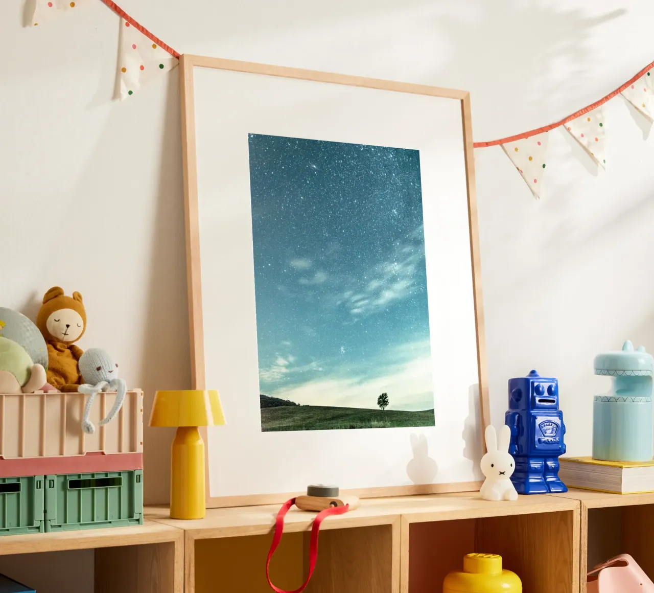 cielo stellato e calmo poster con telaio in legno da space words
