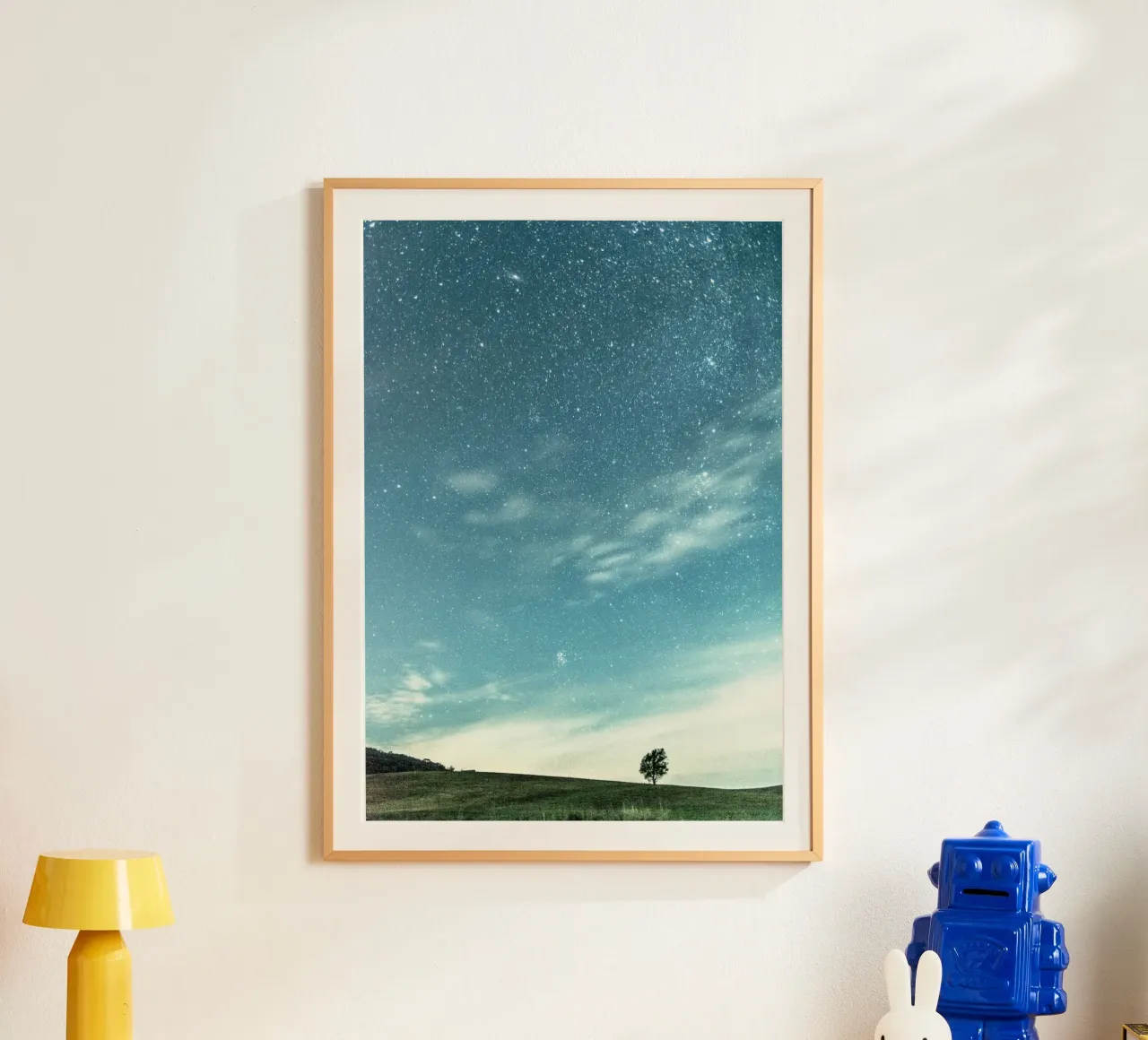 cielo stellato e calmo poster con telaio in legno da space words