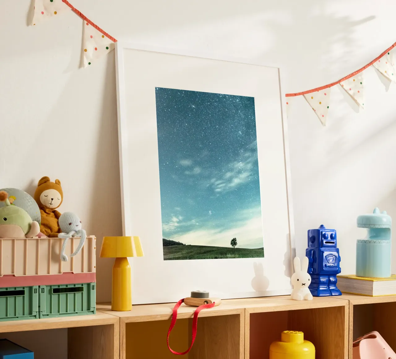 cielo stellato e calmo poster con telaio in legno da space words