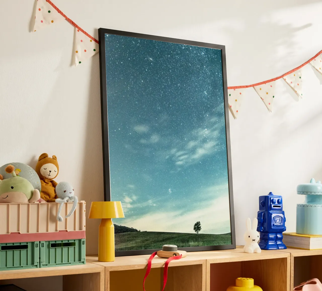 cielo stellato e calmo poster con telaio in legno da space words