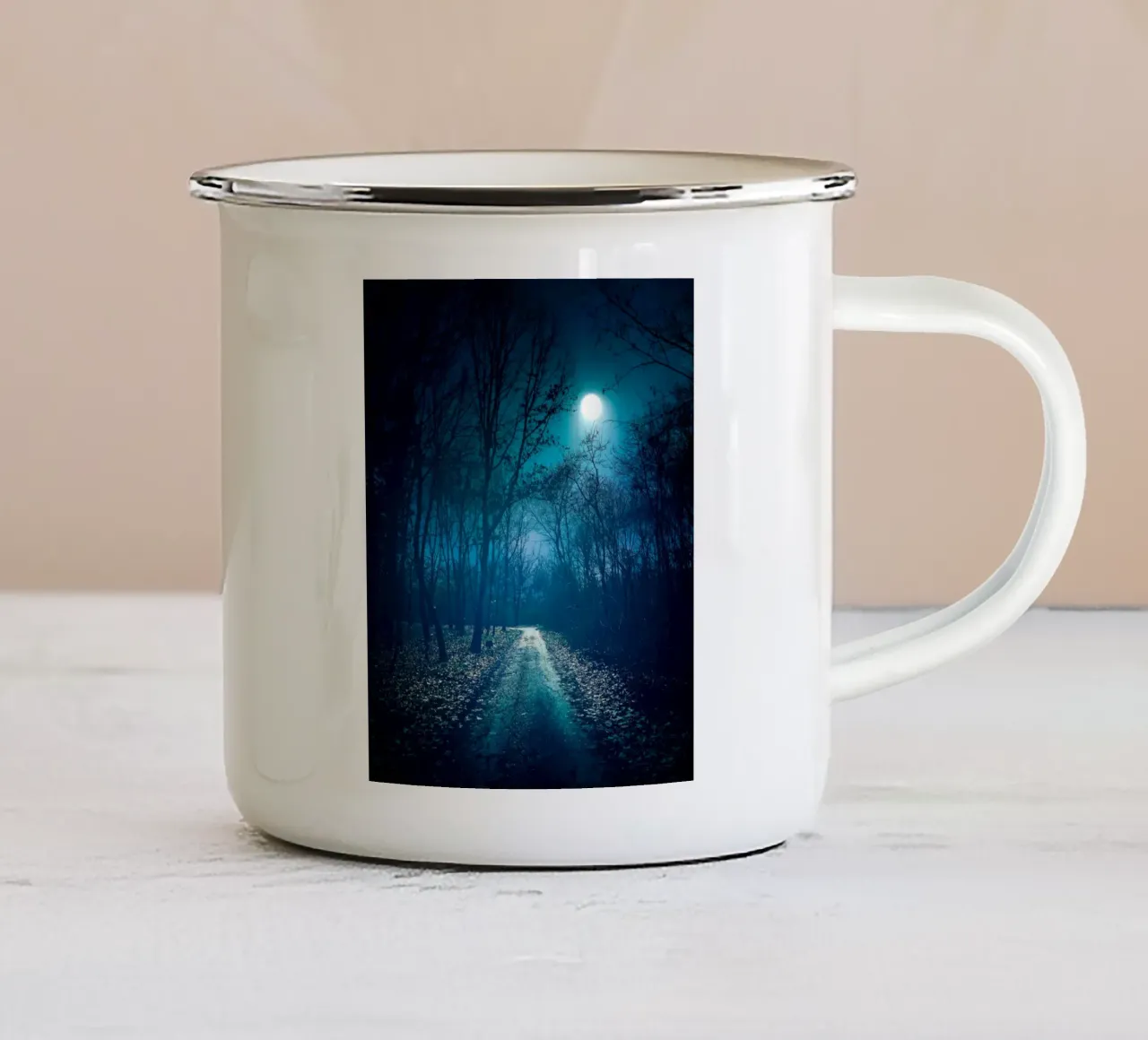 luce della luna nella via della foresta tazza in smalto da space words