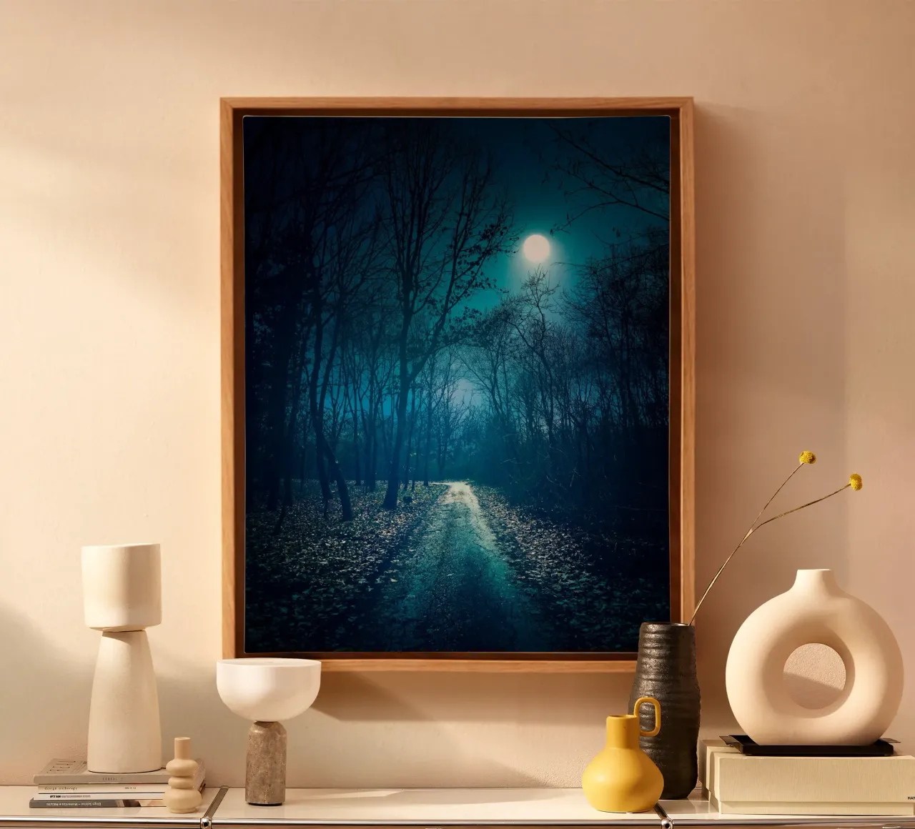 moonlight in the forest way canvas with Floater frame by space words
