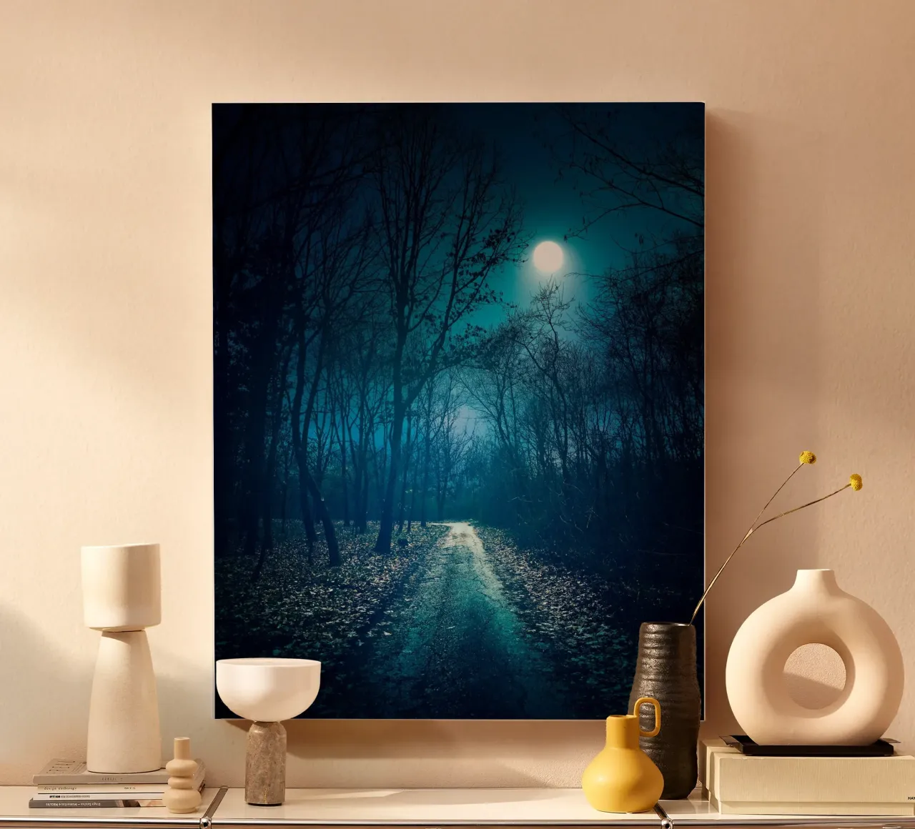 moonlight in the forest way canvas with Floater frame by space words