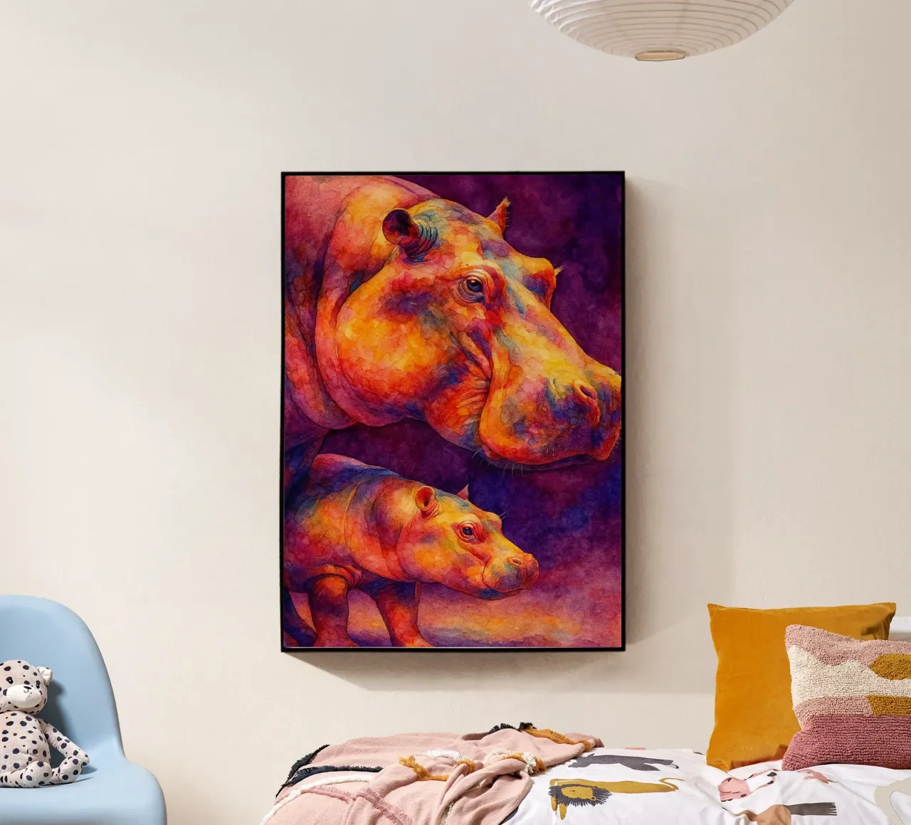 hippopotamus and her cube colorfull painting acrylic glass by toegoe