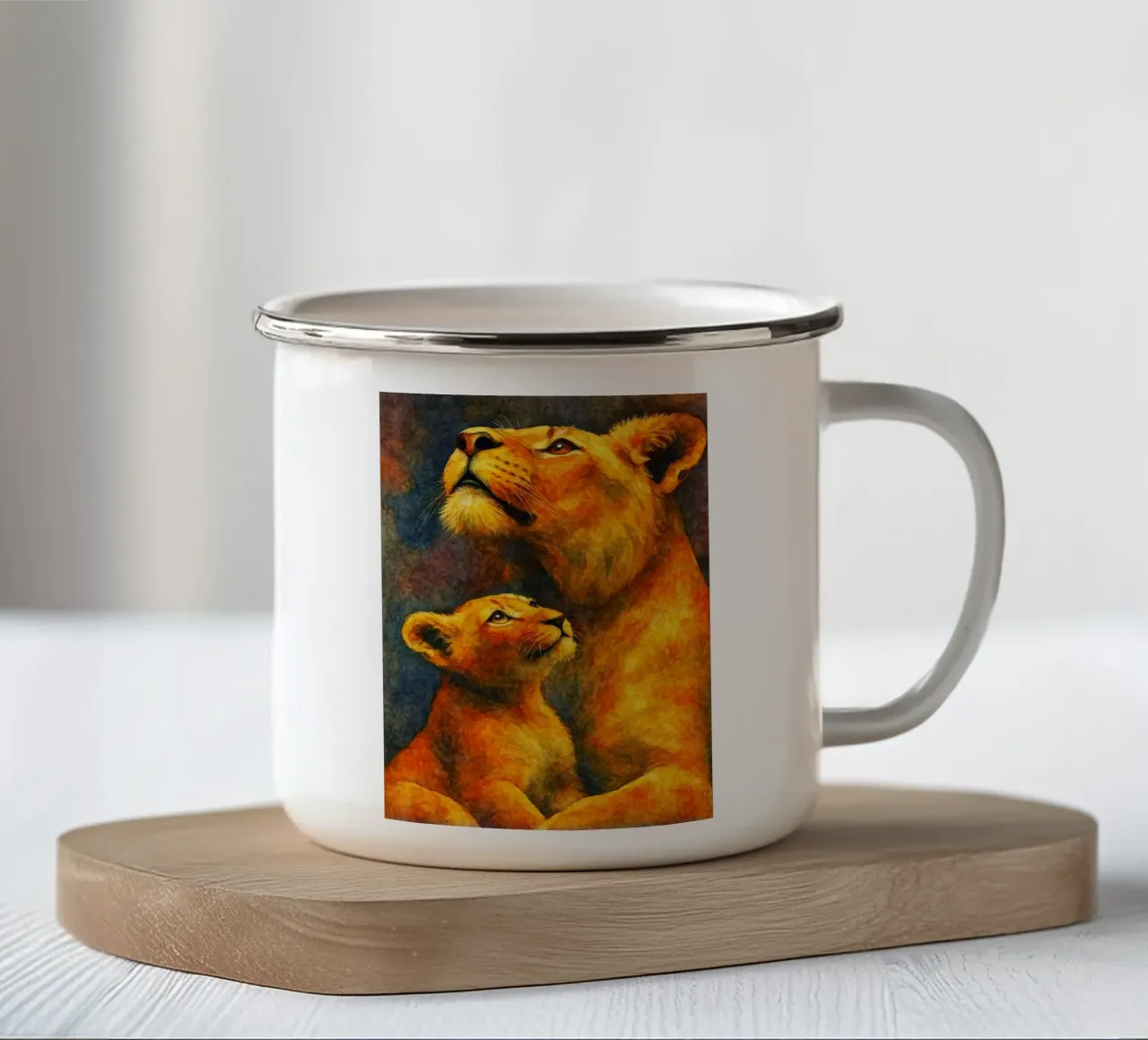 leone e cubo pittura colorata tazza in smalto da toegoe