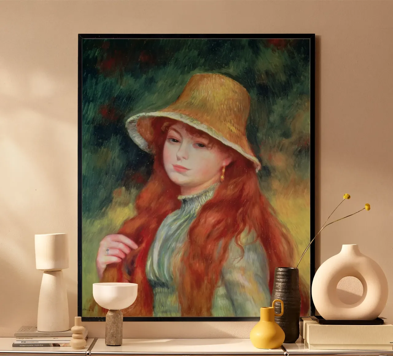 Pierre Auguste Renoir - Giovane ragazza con i capelli lunghi poster con telaio in plastica da masonday