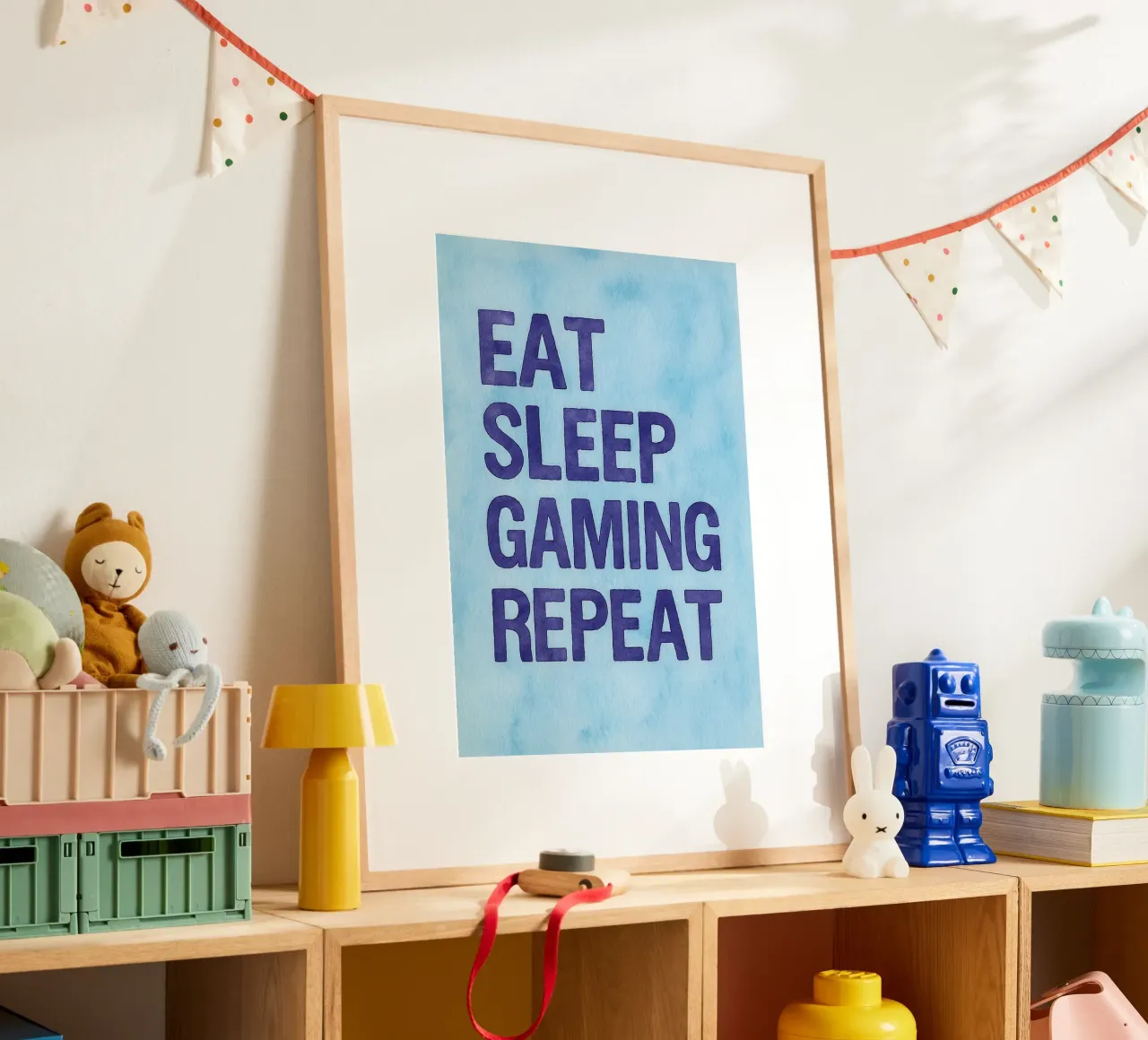 mangiare dormire giocare ripetere poster con telaio in legno da onelove