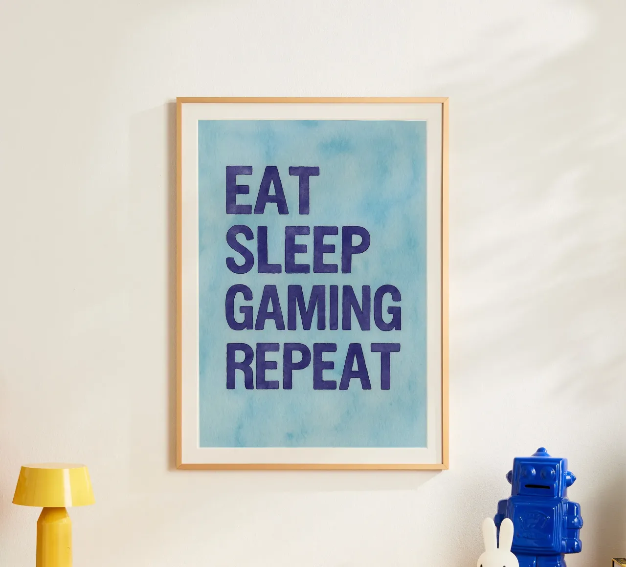 mangiare dormire giocare ripetere poster con telaio in legno da onelove
