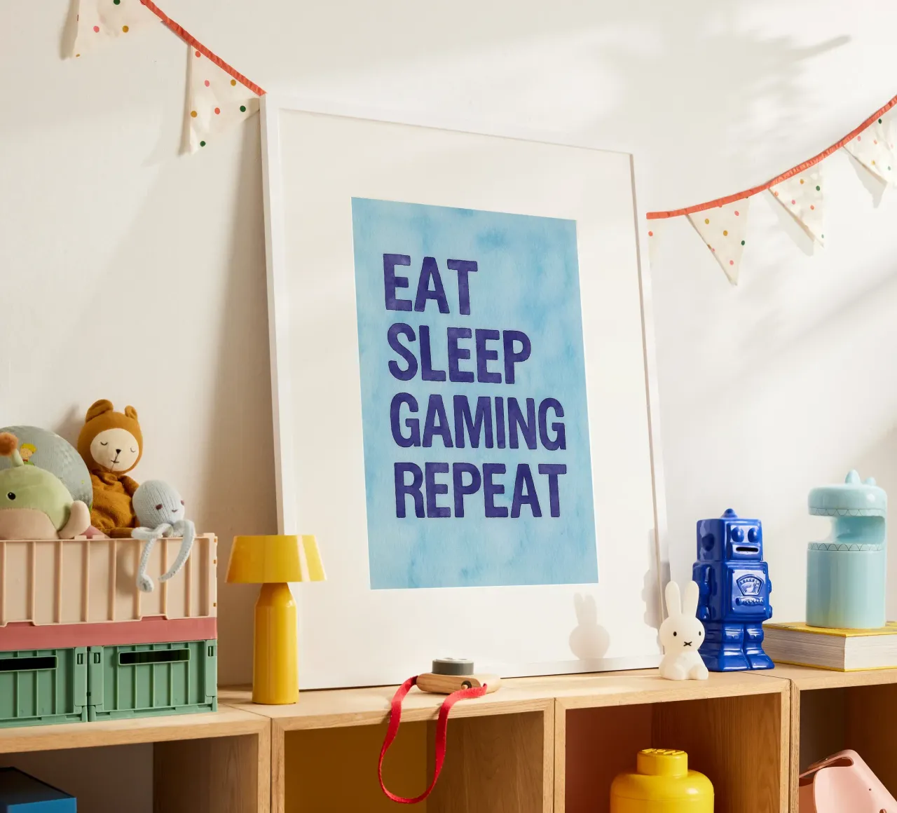 mangiare dormire giocare ripetere poster con telaio in legno da onelove