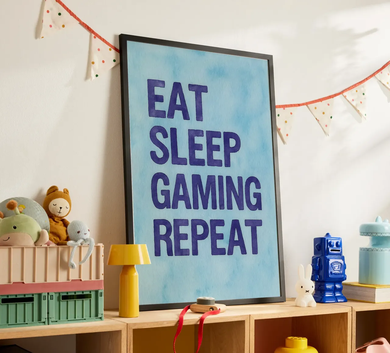 mangiare dormire giocare ripetere poster con telaio in legno da onelove