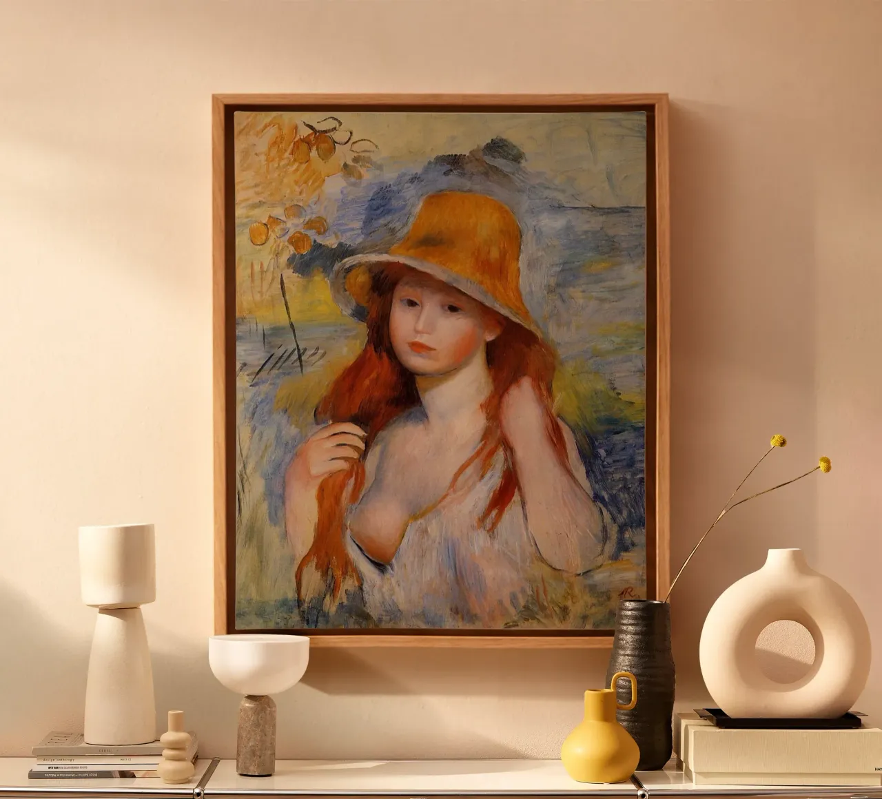 Jonge vrouw met strohoed - Pierre Auguste Renoir canvas met Baklijst van masonday