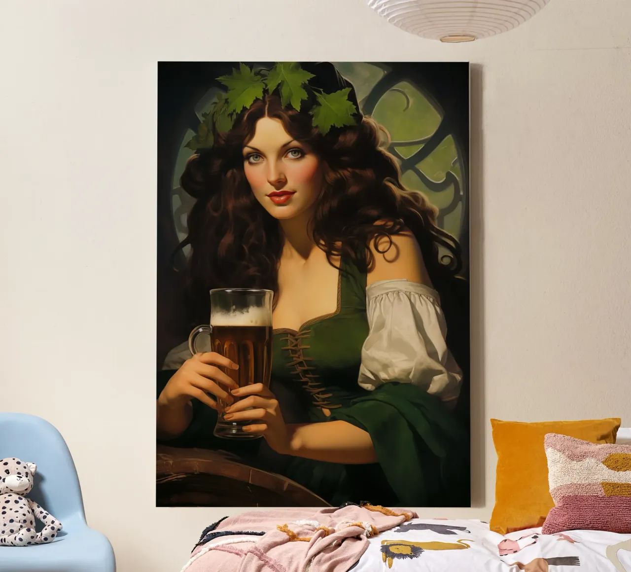 St. Patrick Irisches Mädchen trinkt Bier Leinwand mit Schattenfugenrahmen von Fleur de Lys