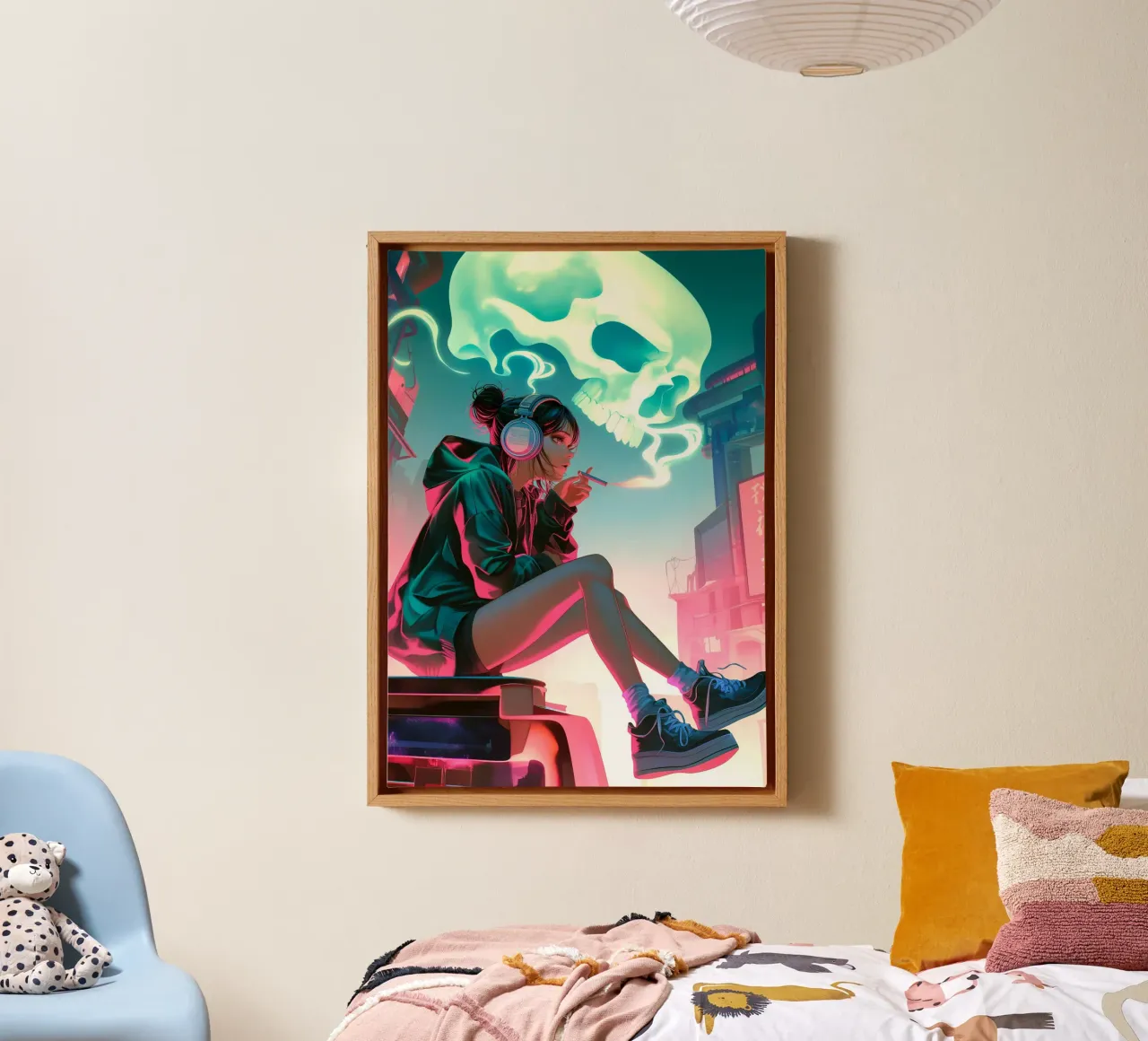 Cyberpunk Anime Meisje Sigaret Rokend canvas met Baklijst van Fleur de Lys