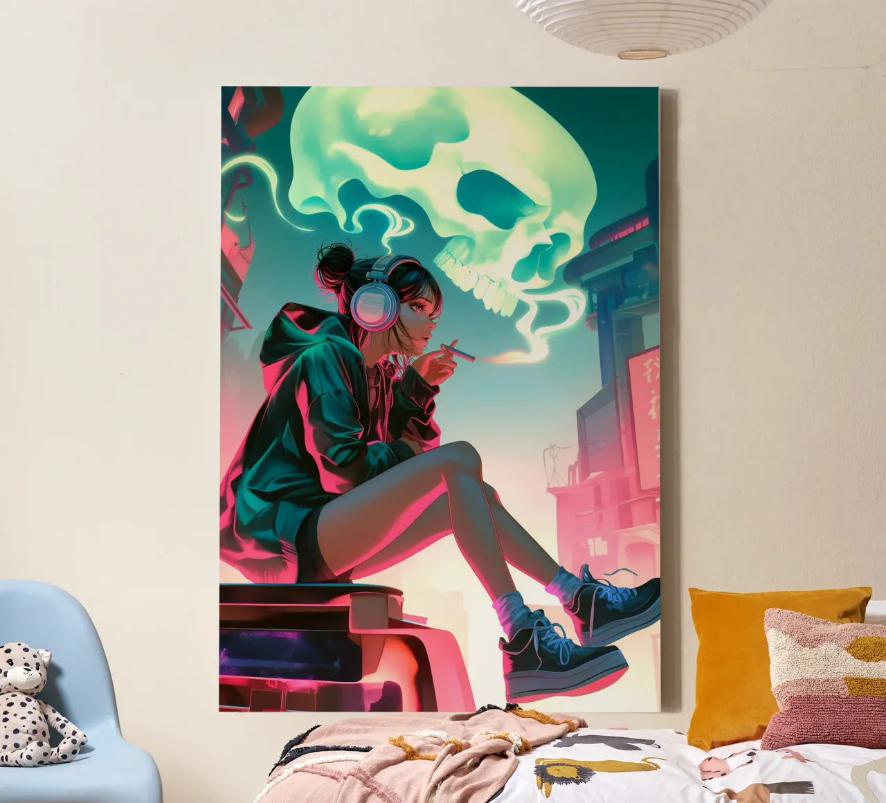 Cyberpunk Anime Meisje Sigaret Rokend canvas met Baklijst van Fleur de Lys