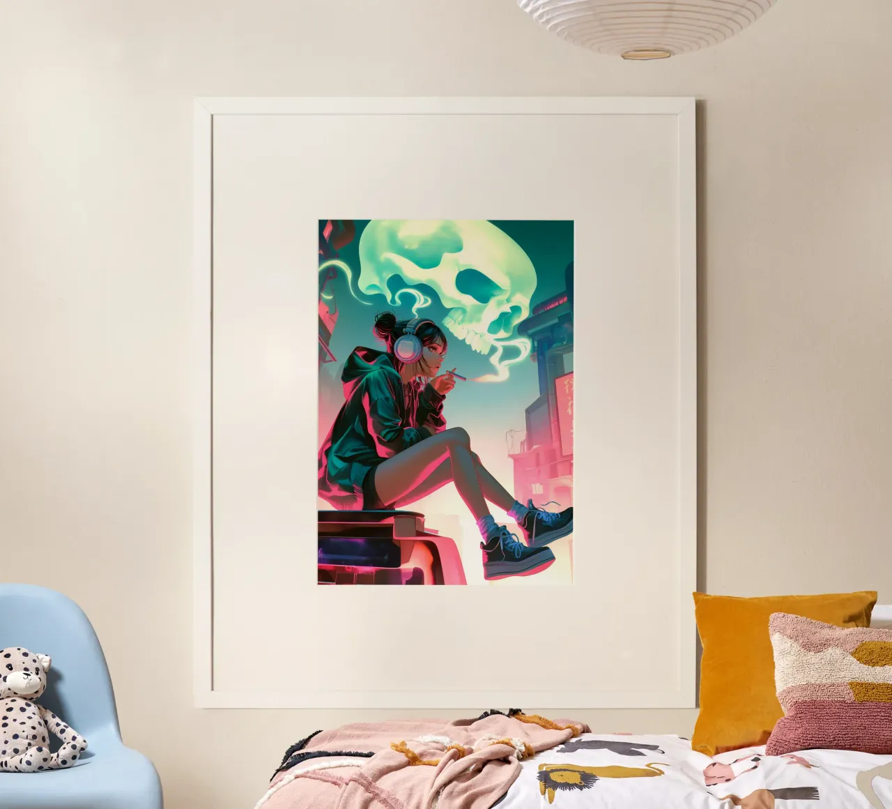 Cyberpunk Anime ragazza che fuma la sigaretta poster con telaio in legno da Fleur de Lys