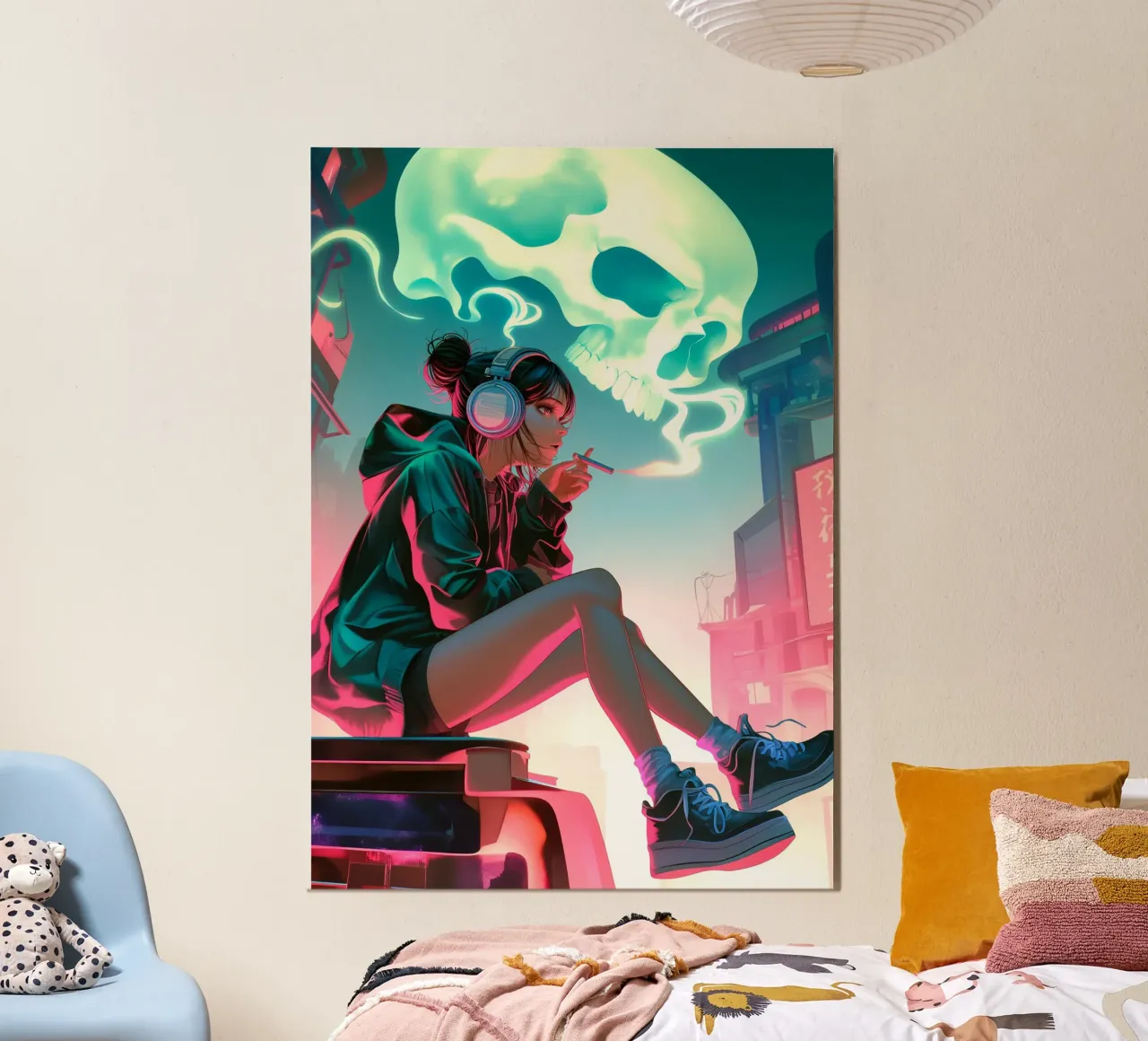 Cyberpunk Anime ragazza che fuma la sigaretta poster con telaio in legno da Fleur de Lys