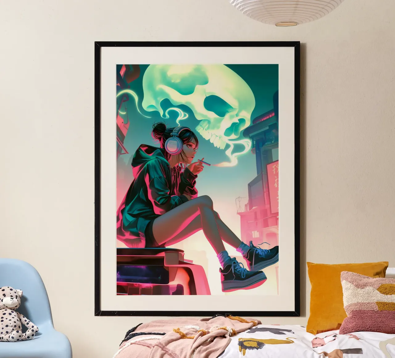 Cyberpunk Anime ragazza che fuma la sigaretta poster con telaio in legno da Fleur de Lys