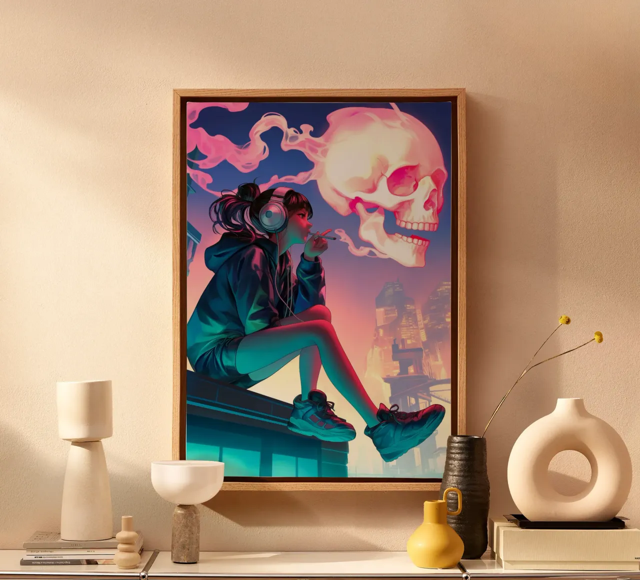 Cyberpunk Anime ragazza che fuma la sigaretta tela con Cornice a cassetta da Fleur de Lys
