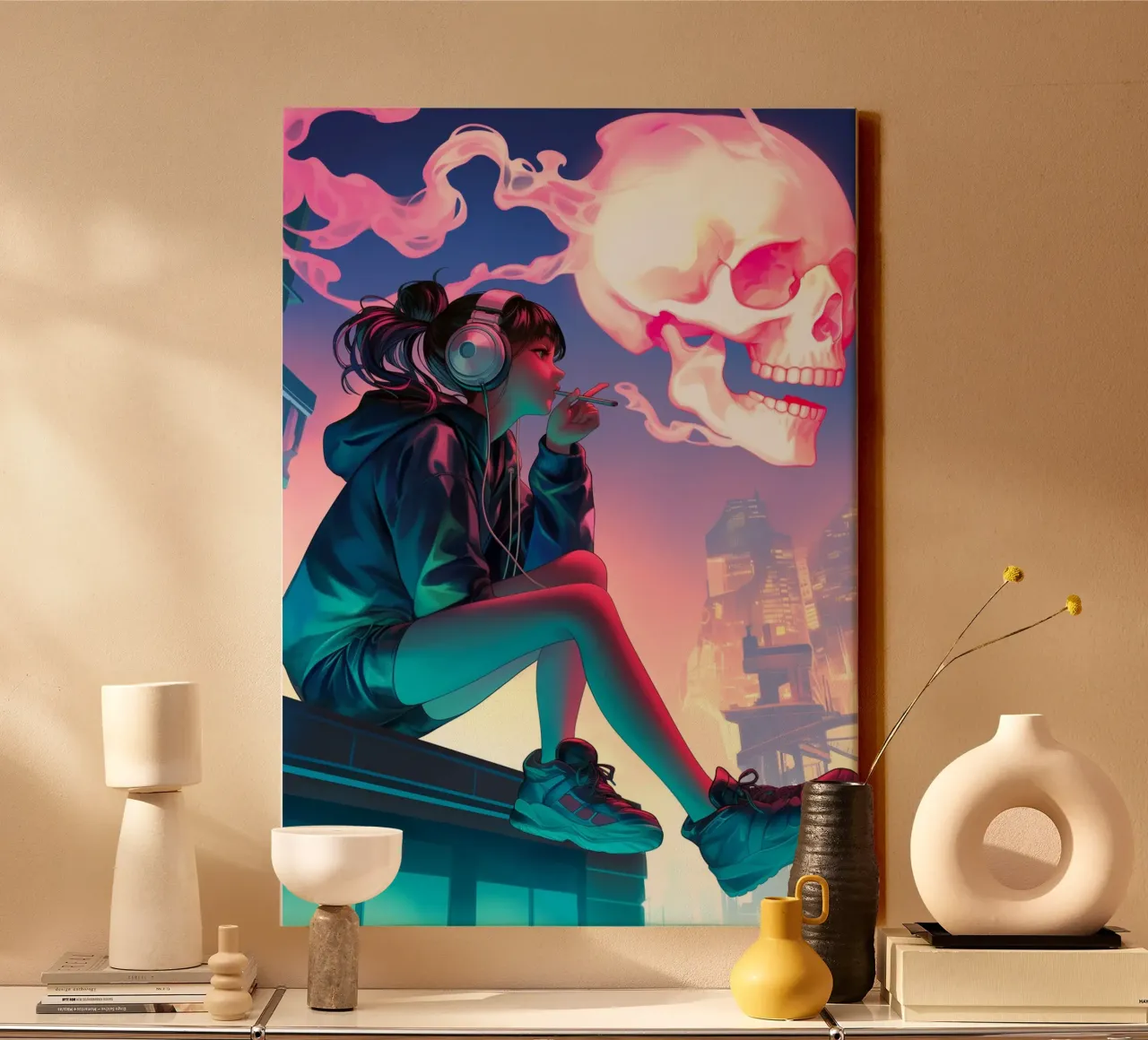 Cyberpunk Anime ragazza che fuma la sigaretta tela con Cornice a cassetta da Fleur de Lys