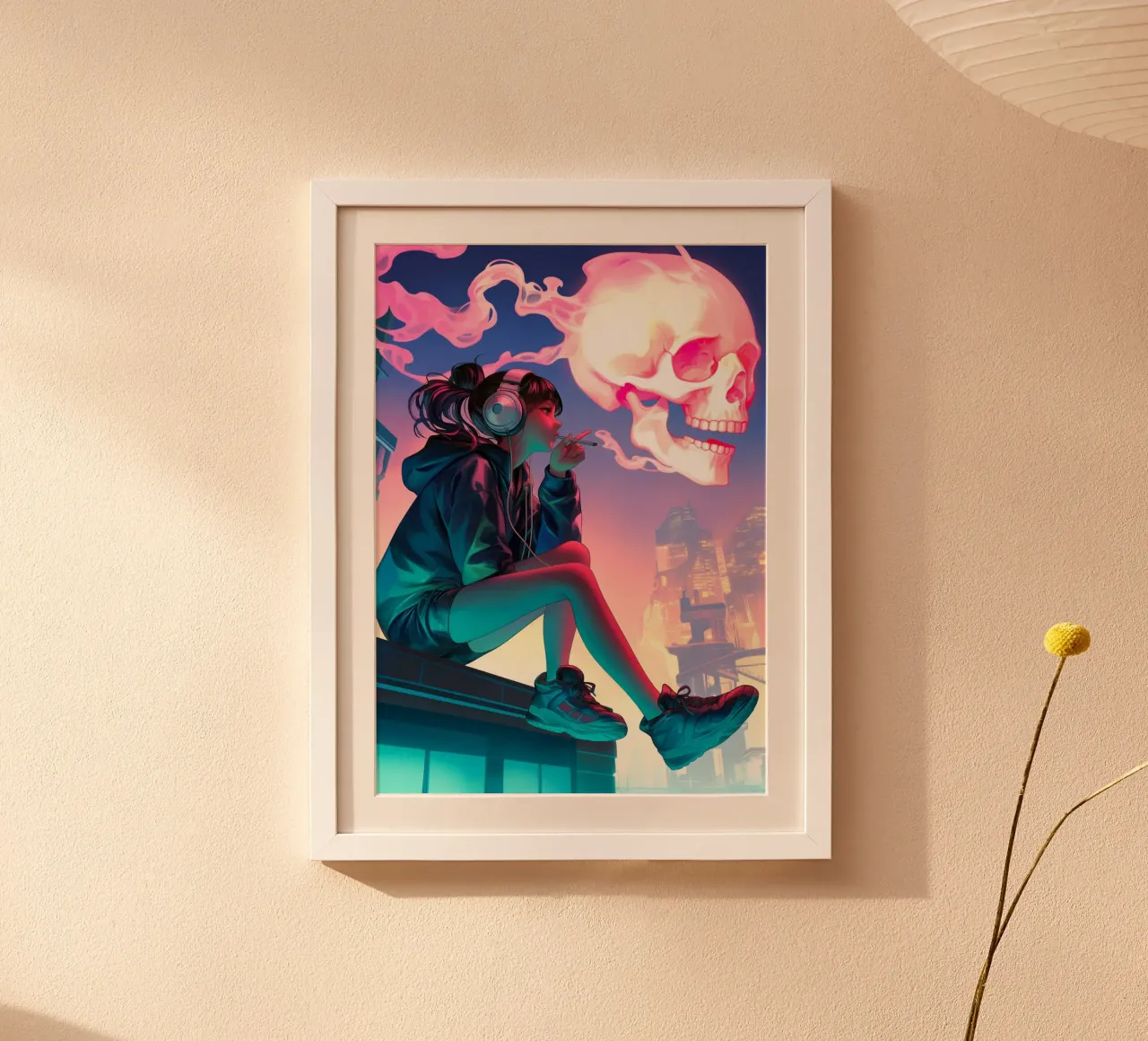 Cyberpunk Anime ragazza che fuma la sigaretta poster con telaio in legno da Fleur de Lys