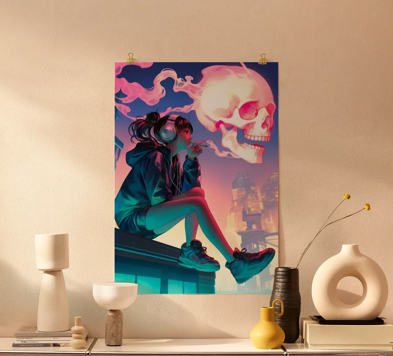 Cyberpunk Anime ragazza che fuma la sigaretta poster con telaio in legno da Fleur de Lys