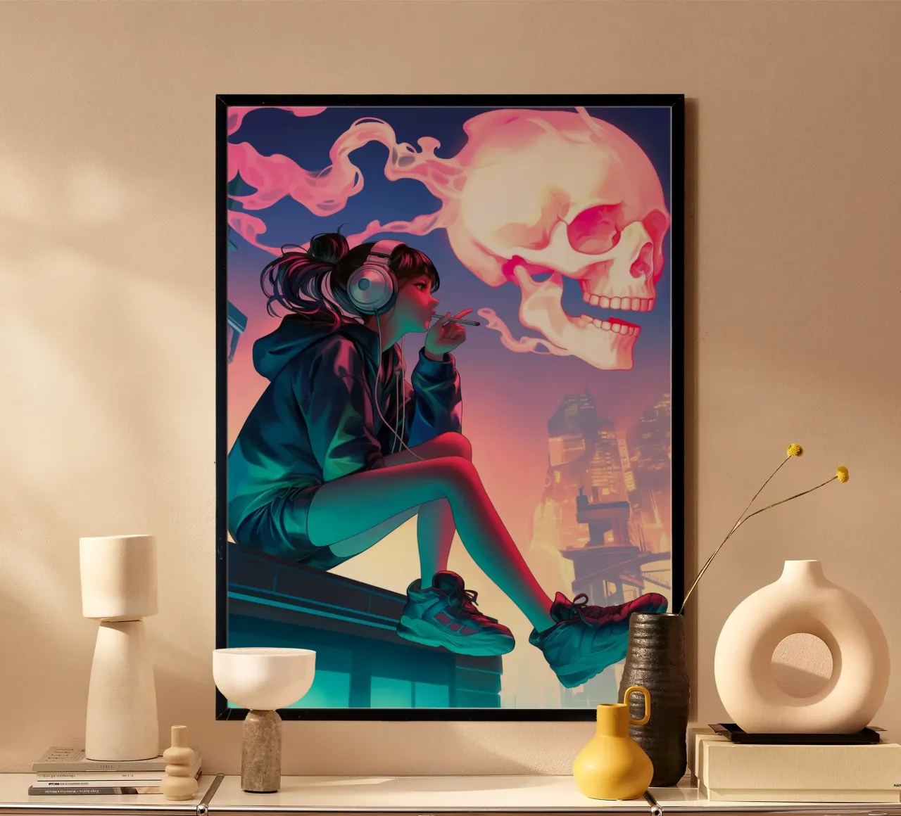 Cyberpunk Anime ragazza che fuma la sigaretta poster con telaio in legno da Fleur de Lys