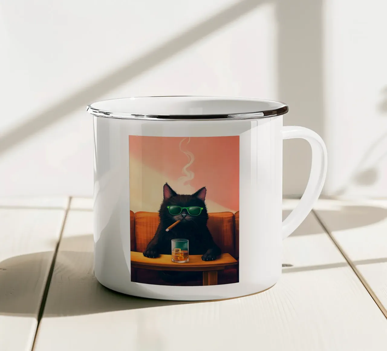Fancy Cat Smoking Cigar Drink Whiskey enamel mug by Fleur de Lys