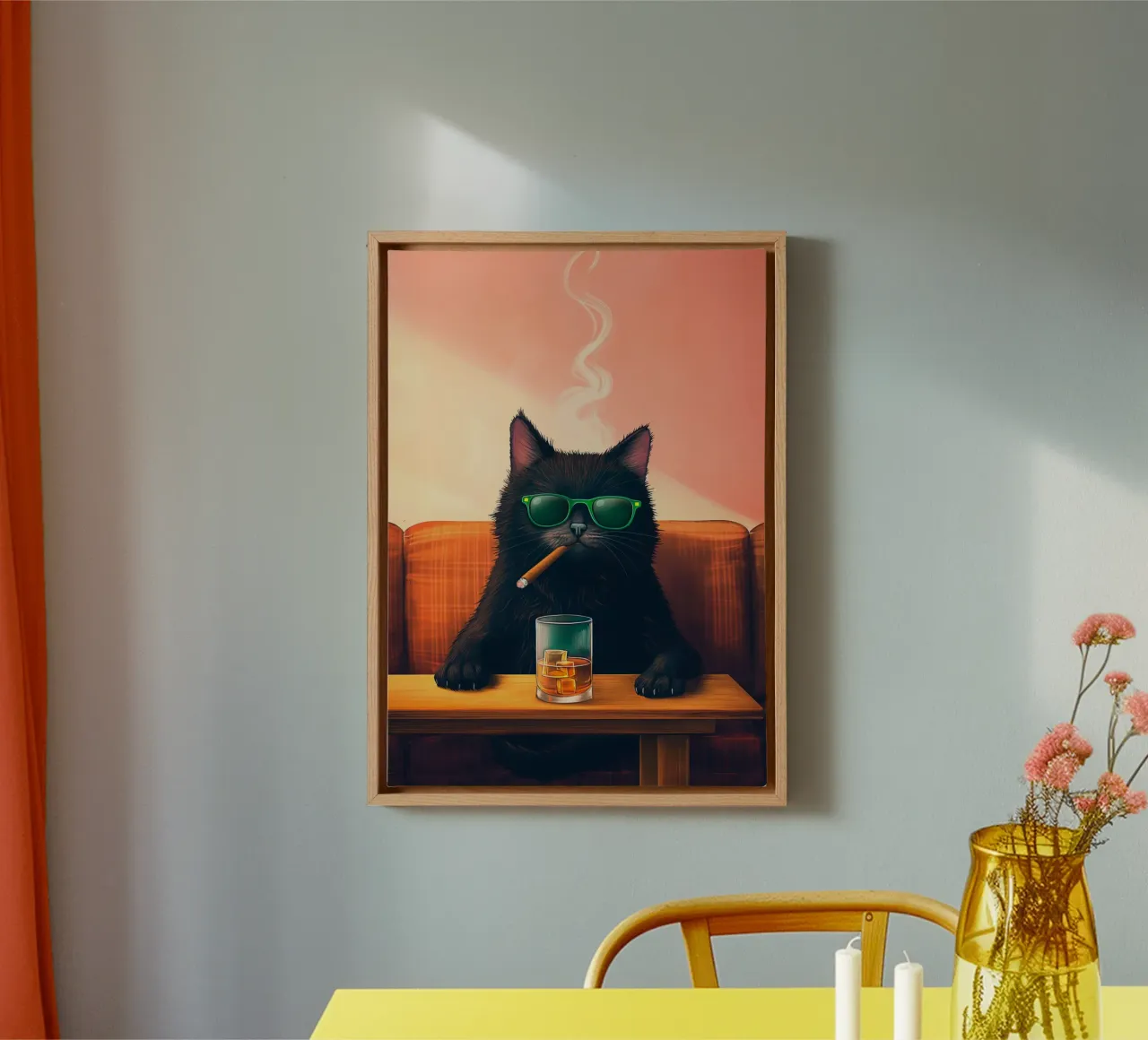 Fancy Cat Fumar Cigarro Beber Whisky lienzo con Marco flotante de Fleur de Lys