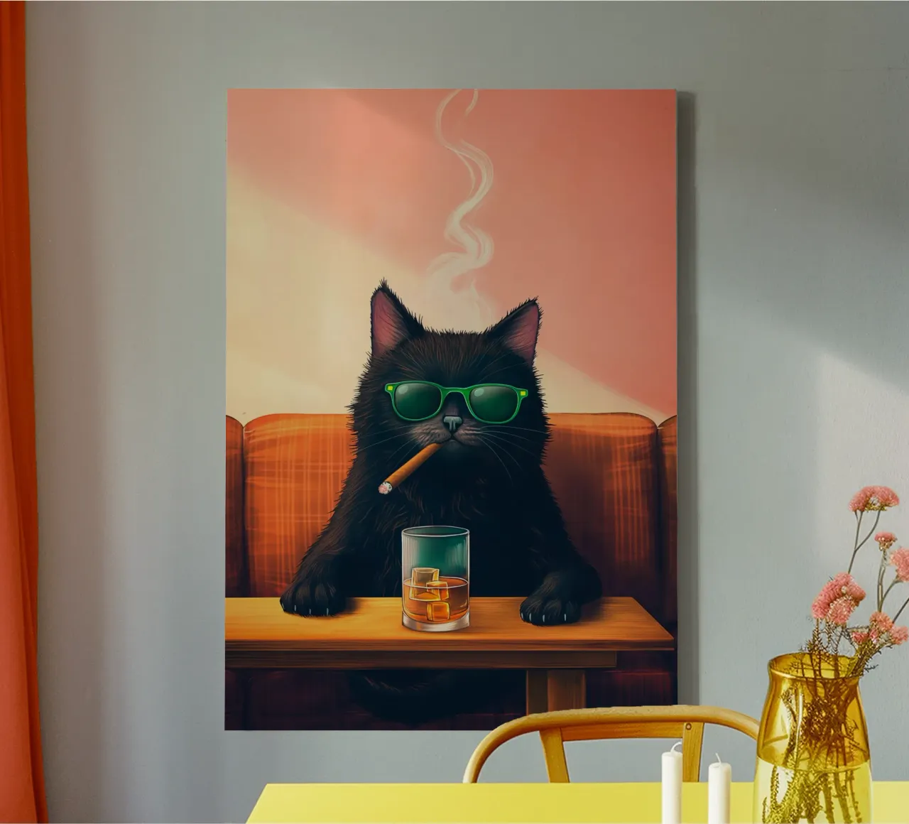 Fancy Cat Fumar Cigarro Beber Whisky lienzo con Marco flotante de Fleur de Lys