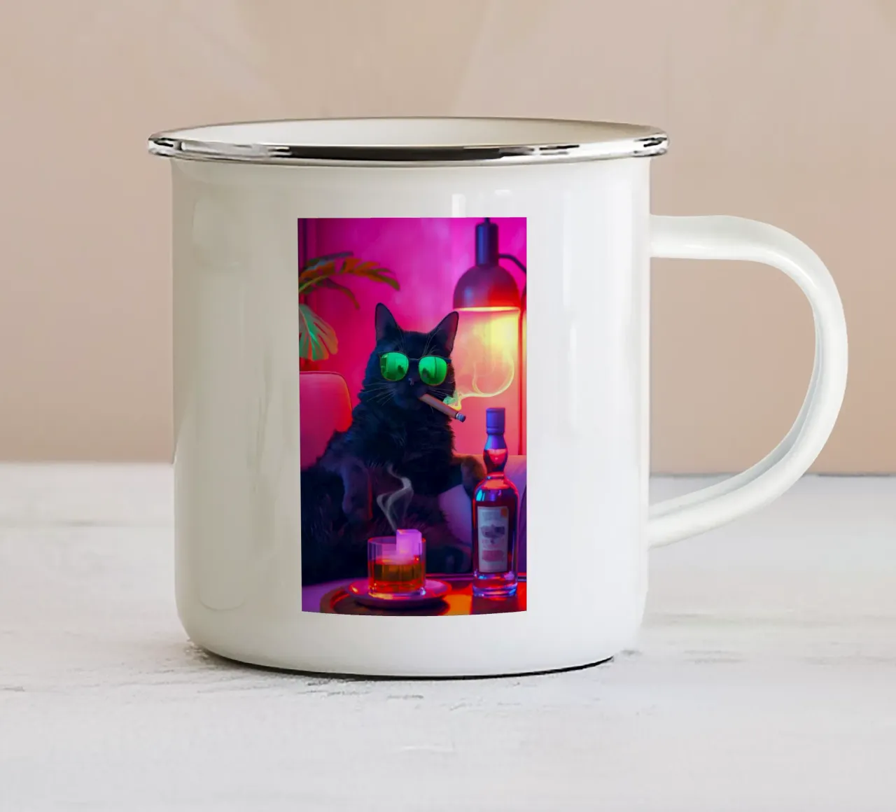 Fancy Cat Smoking Cigar Drink Whiskey enamel mug by Fleur de Lys