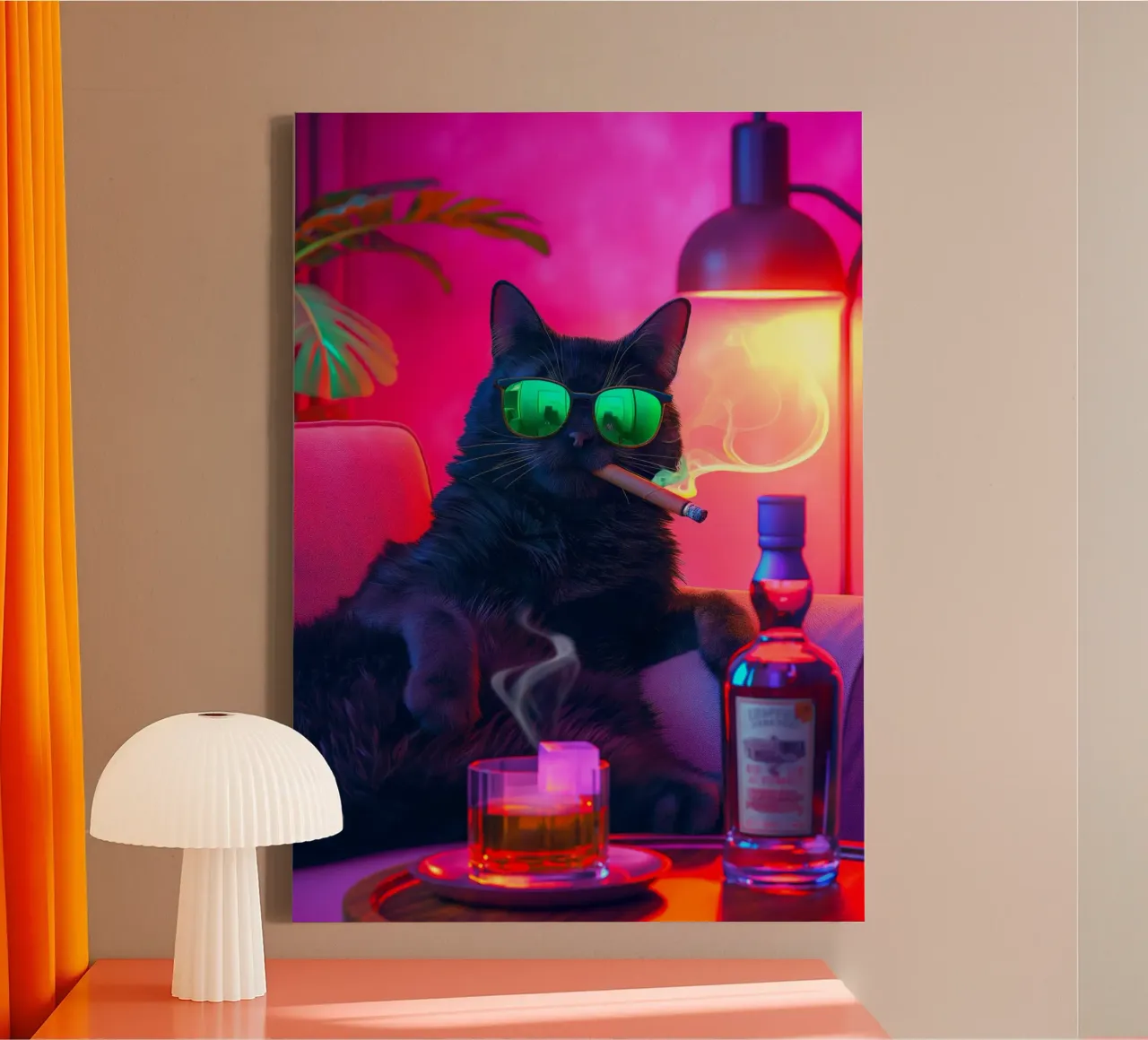 Fancy Cat Fumar Cigarro Beber Whisky lienzo con Marco flotante de Fleur de Lys