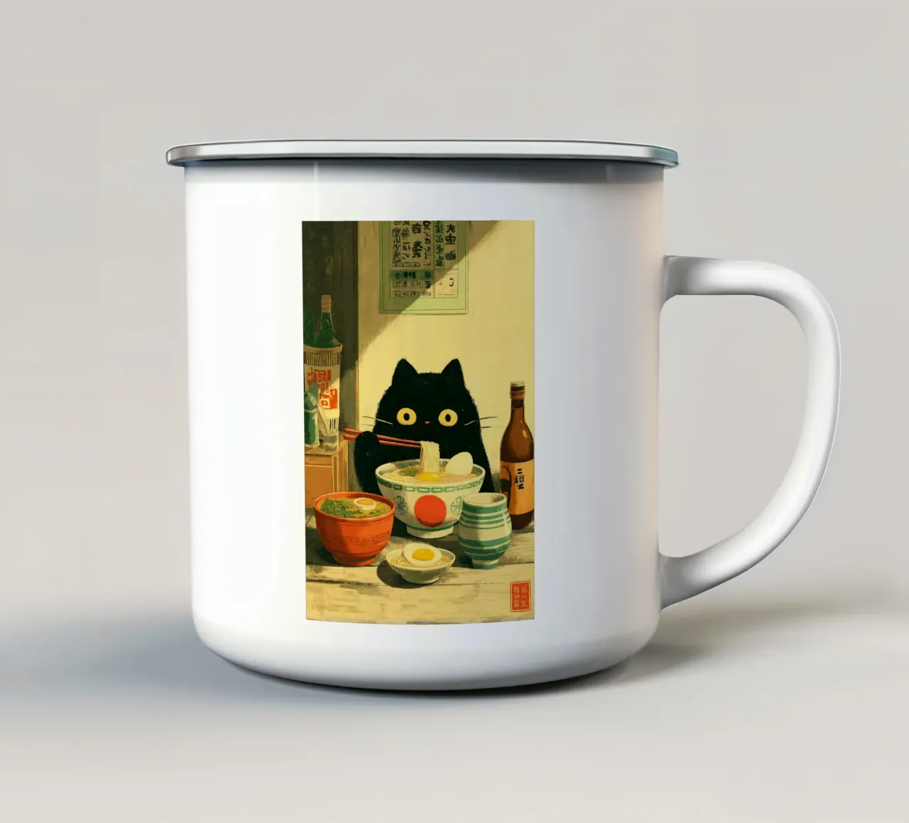 Japan Cat Eating Ramen enamel mug by Fleur de Lys