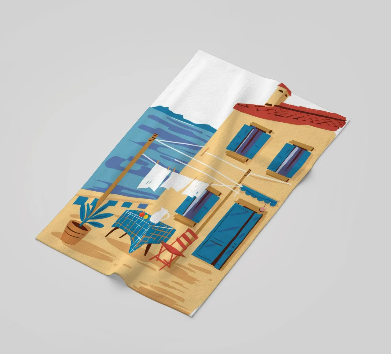 Gelbes Seaside Cafe Strandtuch von Muse Artworks