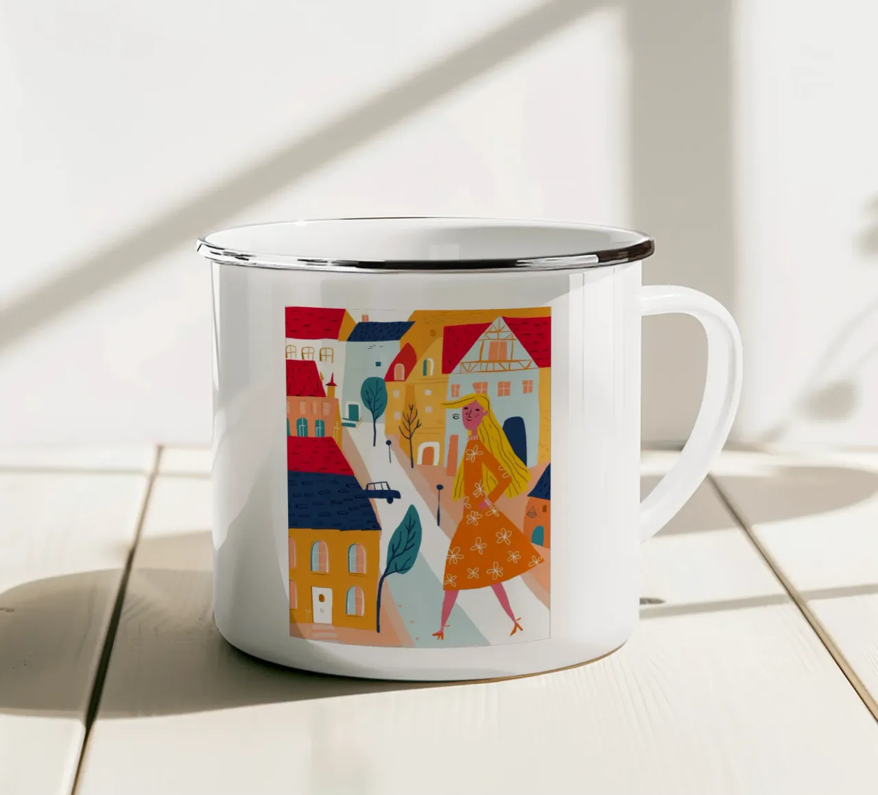 Passeggiata nel centro storico tazza in smalto da Muse Artworks