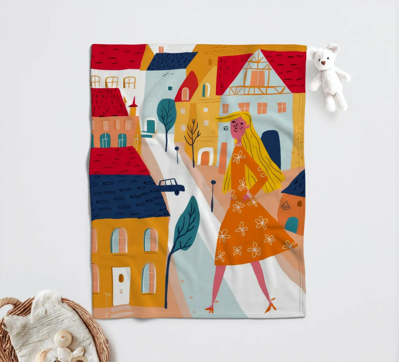 Walking Through Old Town fleece blanket by Muse Artworks
