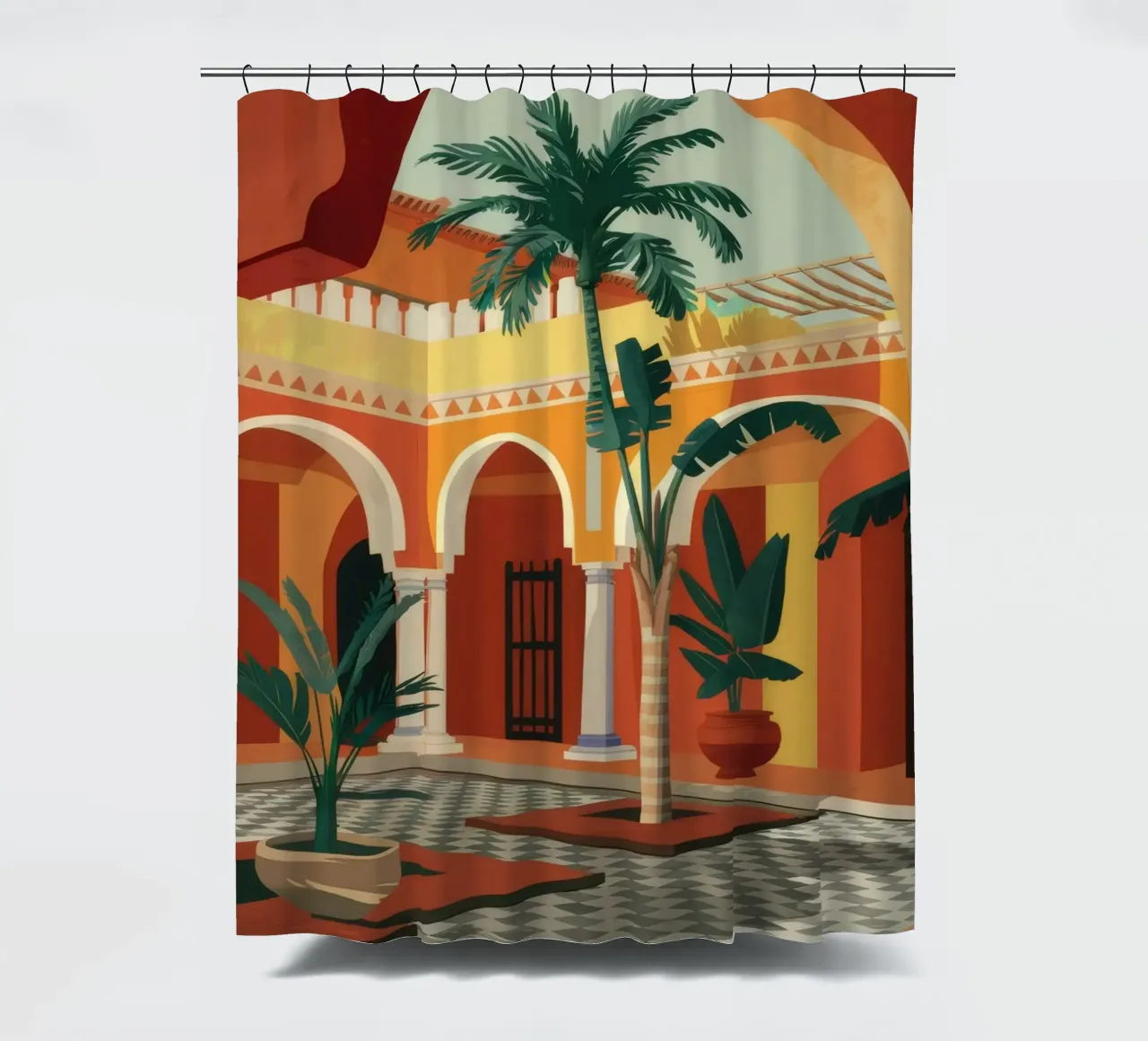 Tiled Courtyard Oasis shower curtain by FadeAura