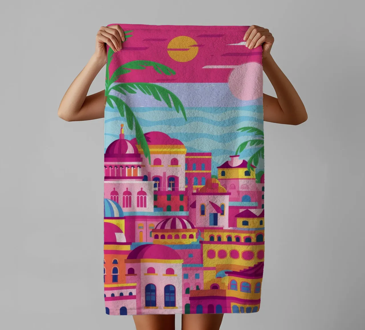 Pink Hilltop Town towel by FadeAura