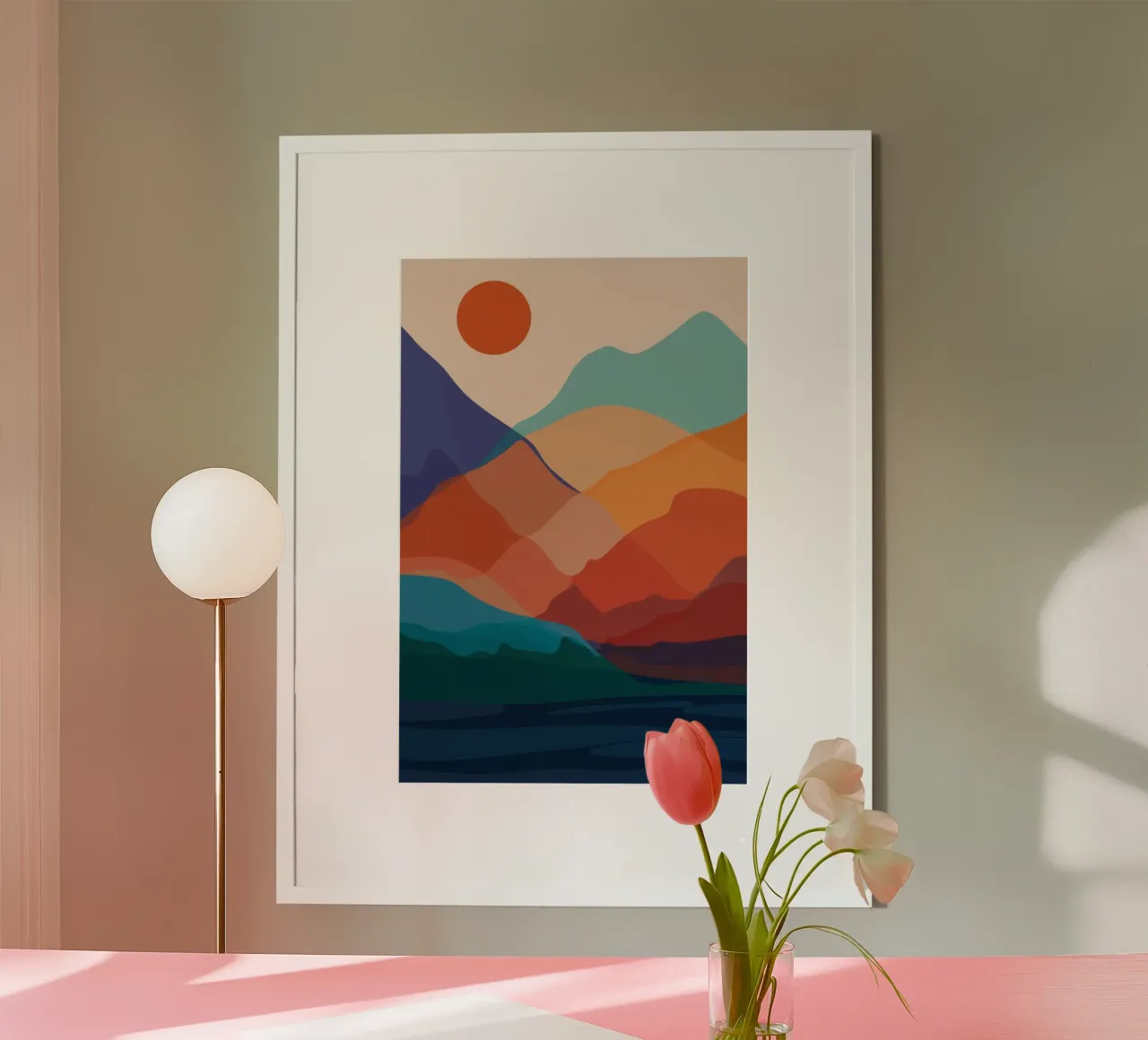 Tramonto in montagna a strati poster con telaio in plastica da Muse Artworks