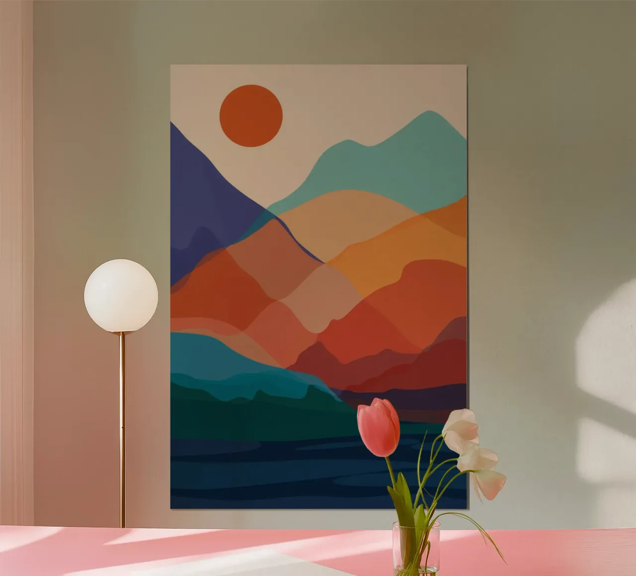 Tramonto in montagna a strati poster con telaio in plastica da Muse Artworks