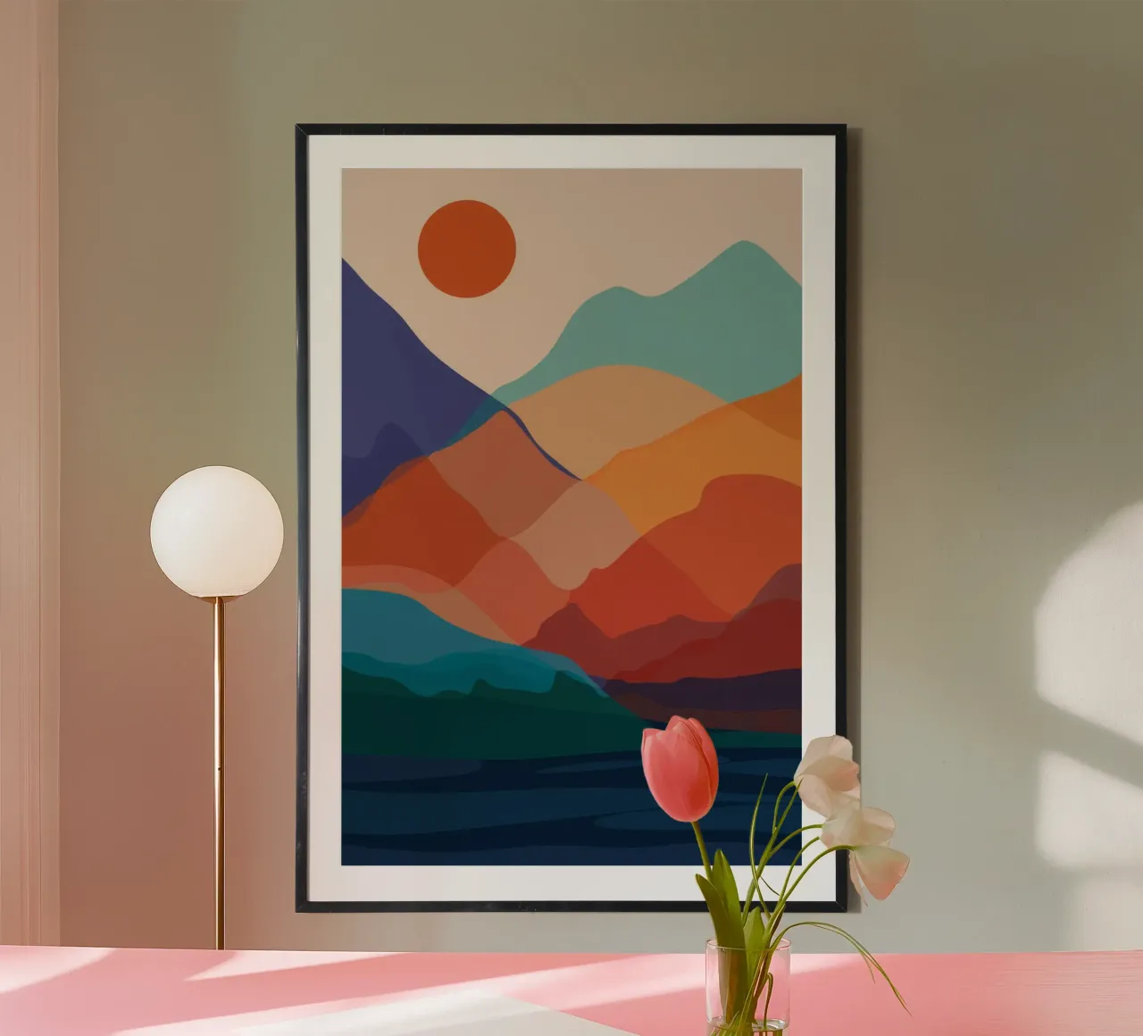 Tramonto in montagna a strati poster con telaio in plastica da Muse Artworks