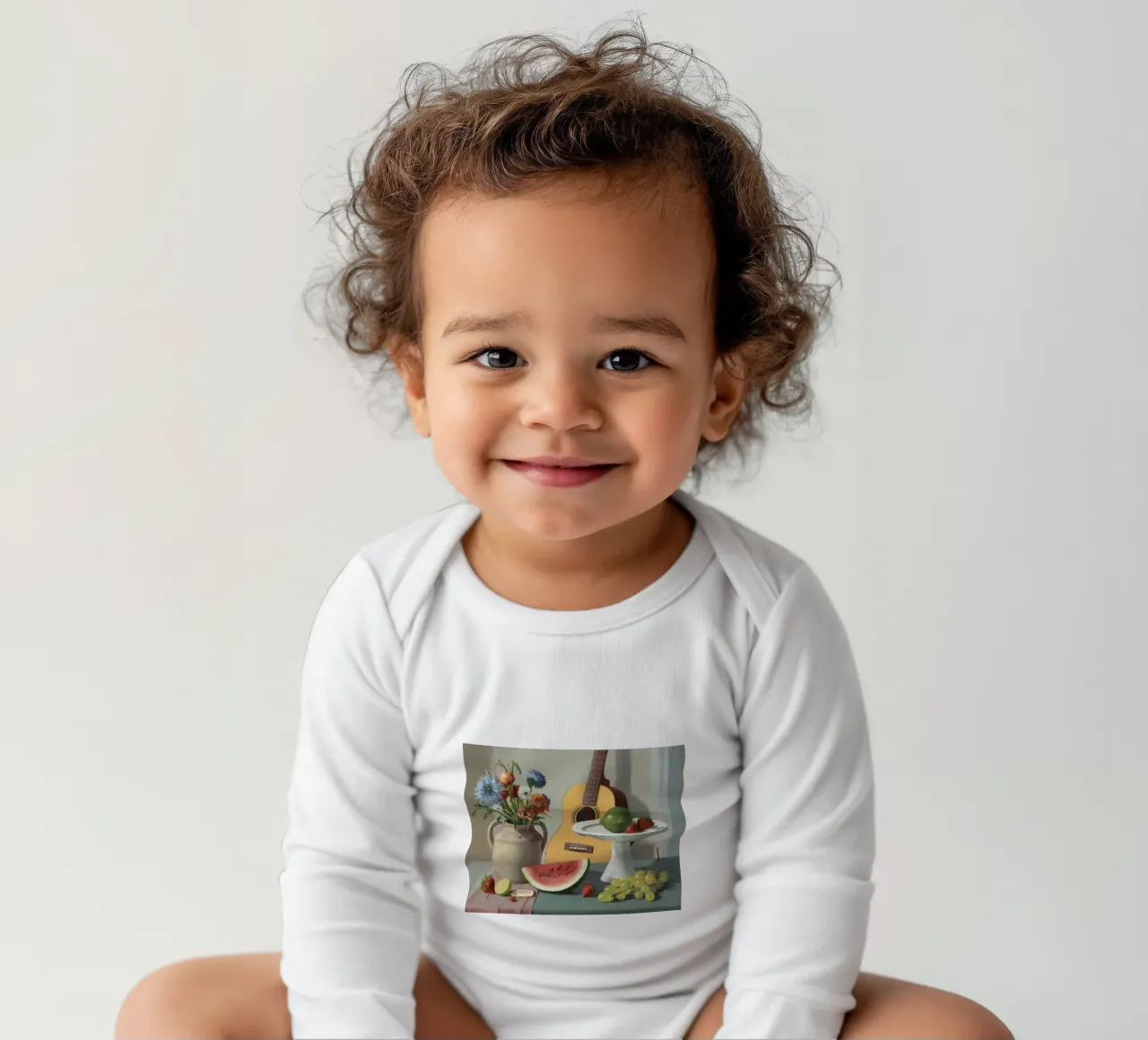 Guitar and Grape Harmony long-sleeve baby romper by Fable Tempa