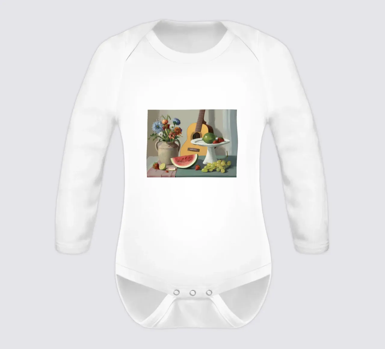 Guitar and Grape Harmony long-sleeve baby romper by Fable Tempa