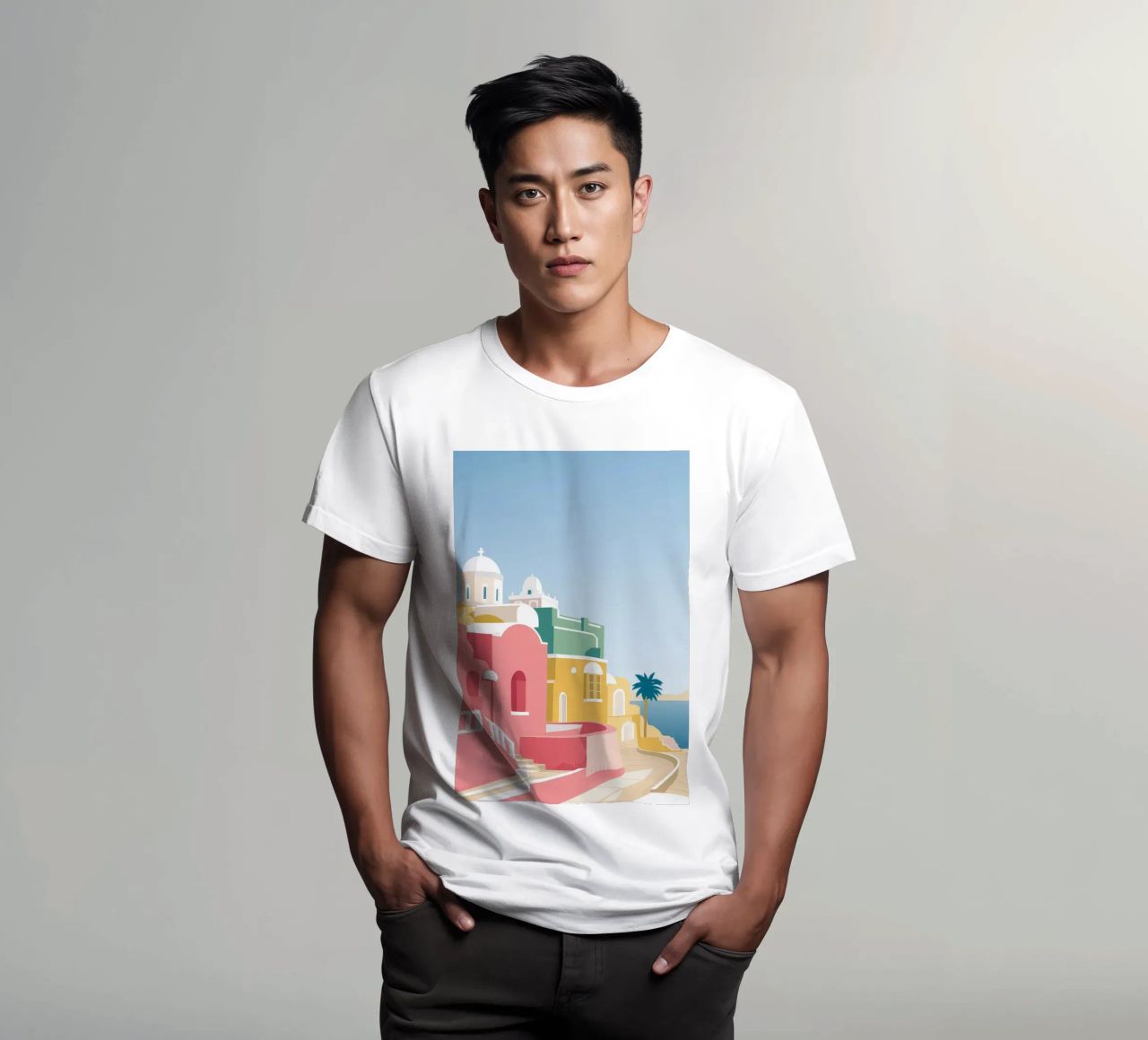 Santorini Rooftop View t-shirt da Muse Artworks