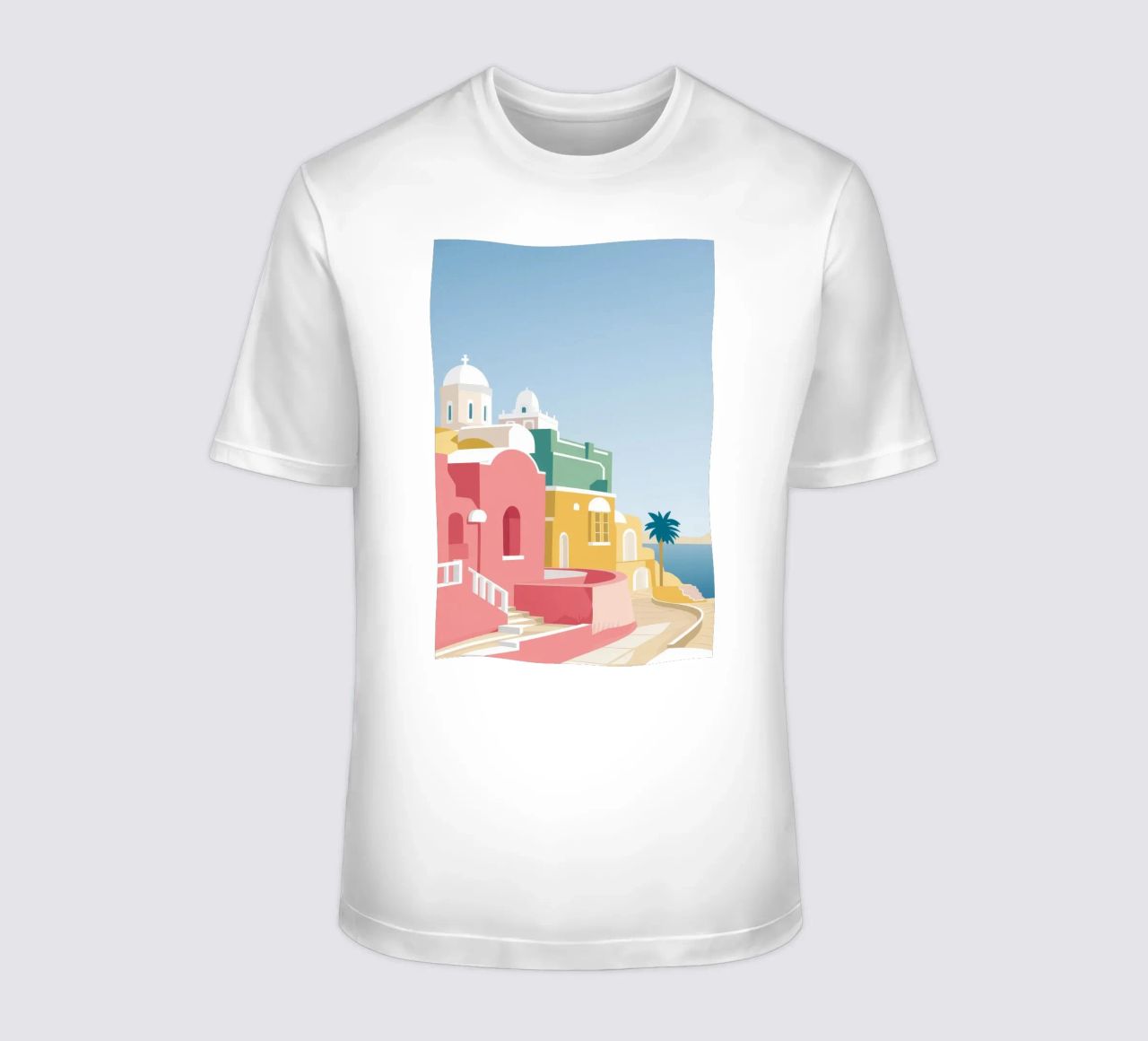 Santorini Rooftop View t-shirt da Muse Artworks