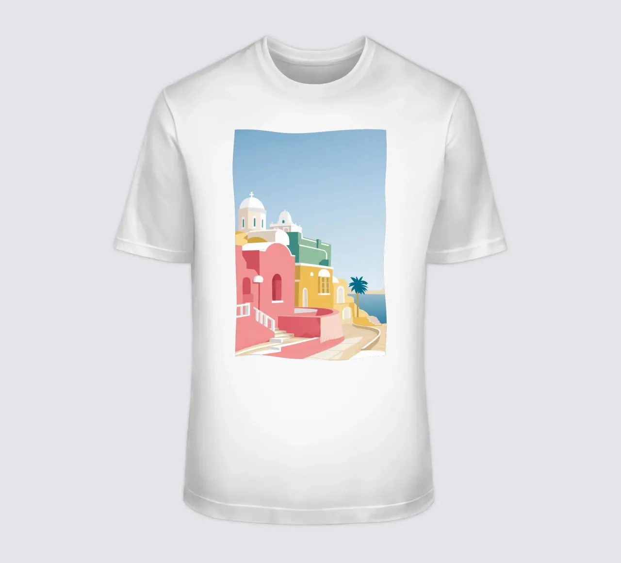 Santorini Rooftop View t-shirt da Muse Artworks