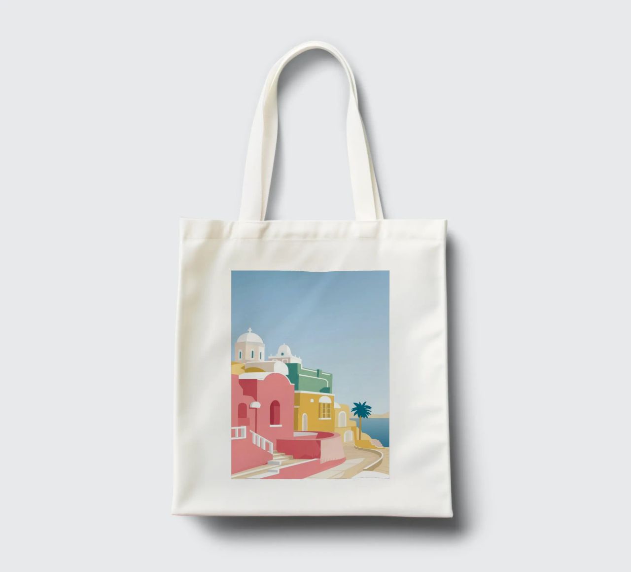 Santorini Rooftop View borsa in juta da Muse Artworks